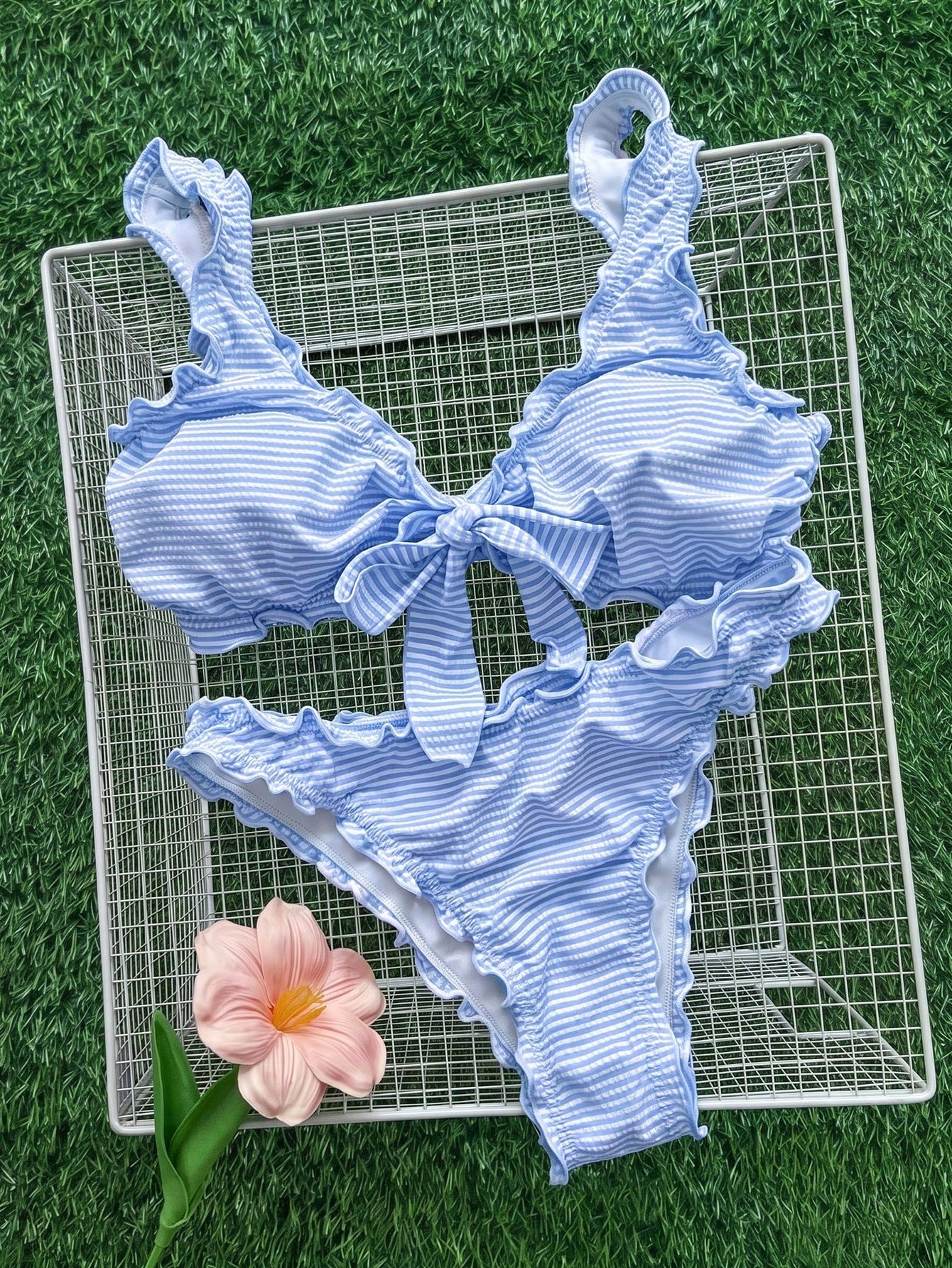 Swim Mod Minimalist Sexy Style Pink Ruffle Trim Tie-Front Two-Piece