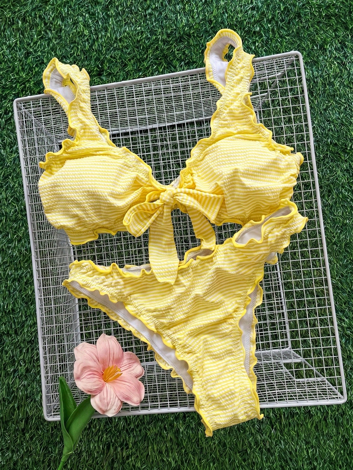 Swim Mod Minimalist Sexy Style Pink Ruffle Trim Tie-Front Two-Piece