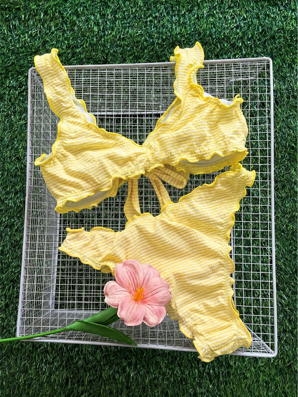 Swim Mod Solid Color Pink Ruffle Trim Tie-Up Bikini Set, Sweet Ruffled Thermal Spring Resort Swimwear For - image 17