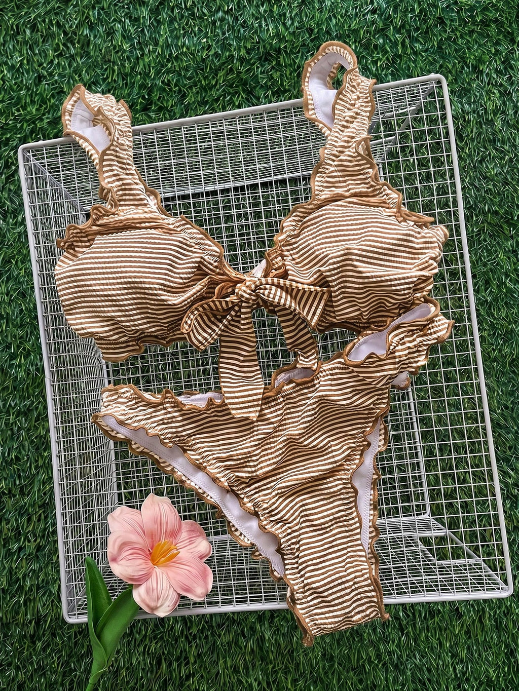 Swim Mod Solid Color Pink Ruffle Trim Tie-Up Bikini Set, Sweet Ruffled Thermal Spring Resort Swimwear For - image 19