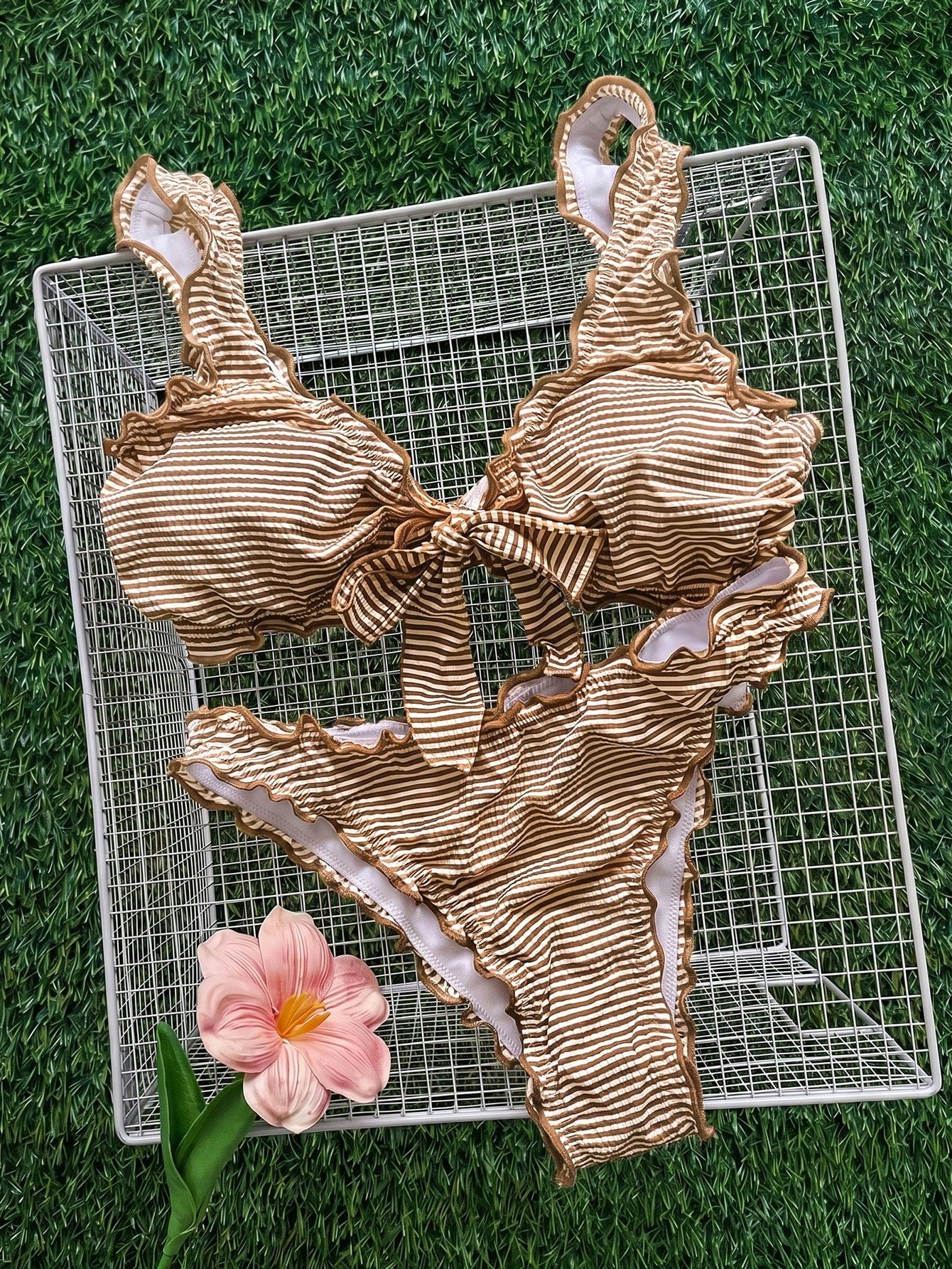 Swim Mod Solid Color Pink Ruffle Trim Tie-Up Bikini Set, Sweet Ruffled Thermal Spring Resort Swimwear For - image 19