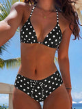 Swim Mod 2026SS New Women's Swimwear Navy Blue Polka Dot Bikini Sets,Summer Tropical Holiday Vacation,Vintage