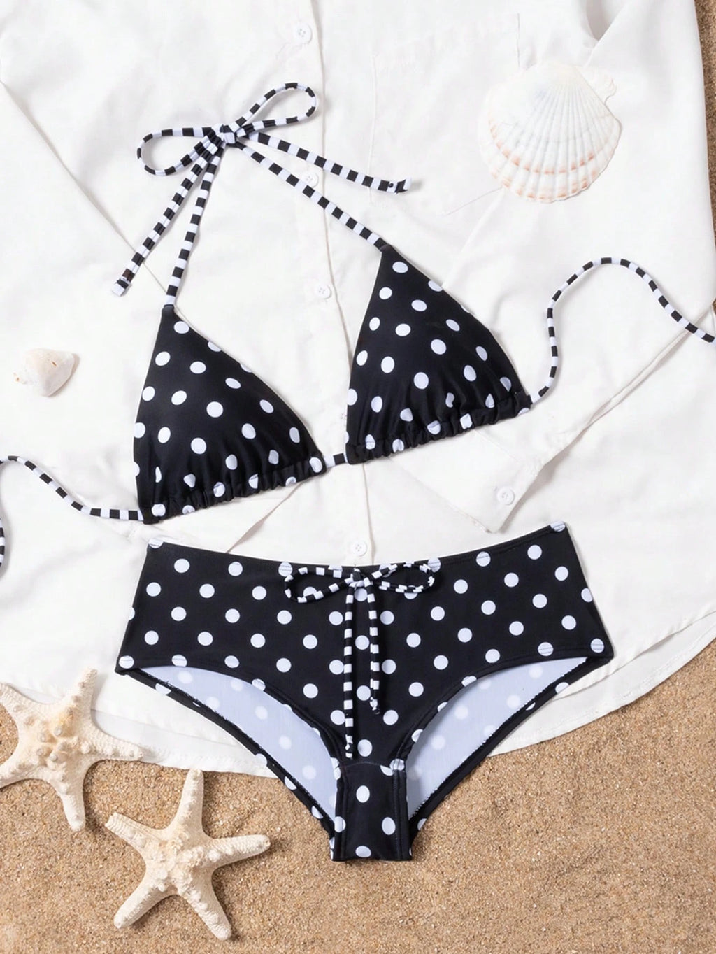 Swim Mod 2026SS New Women's Swimwear Navy Blue Polka Dot Bikini Sets,Summer Tropical Holiday Vacation,Vintage - image 3