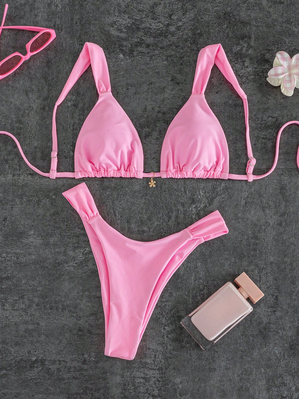 Women's Sexy Solid Yellow Bikini Set With Metal Flower Pendant,