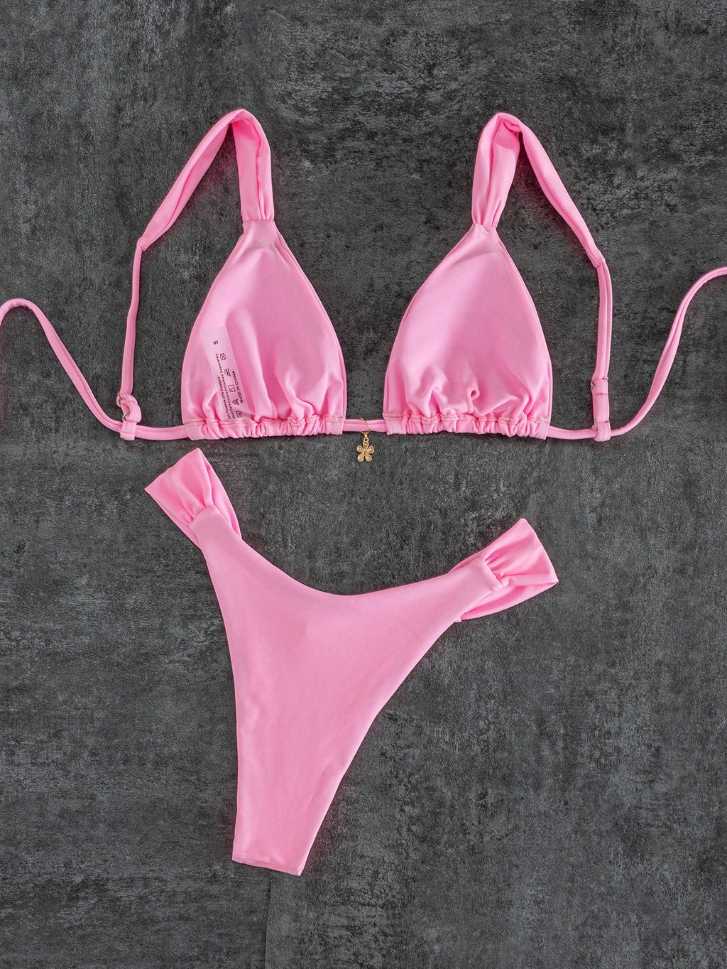 Women's Sexy Solid Yellow Bikini Set With Metal Flower Pendant,