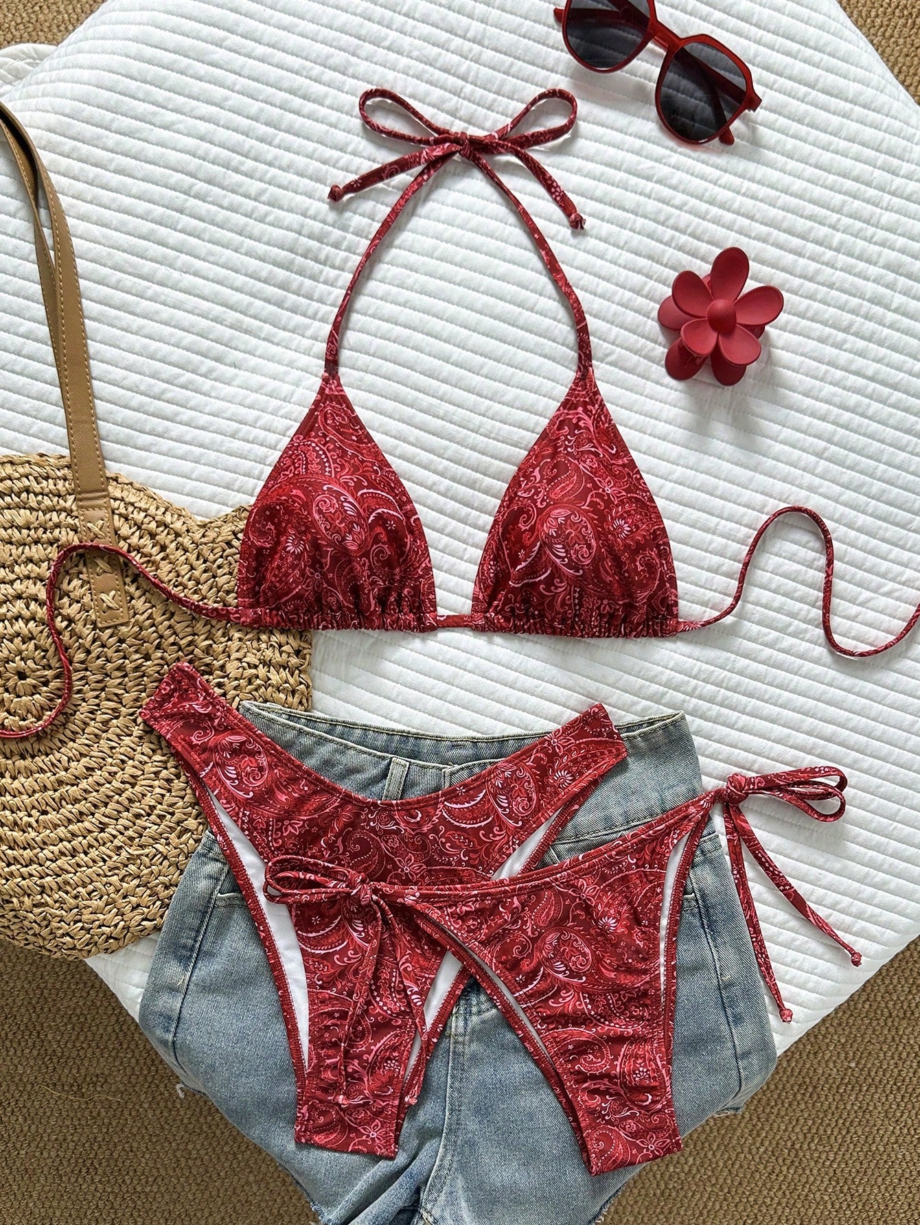 Swim Vcay Women's Tropical Print Halter Neck Bikini Set, Cute Triangle Top And B