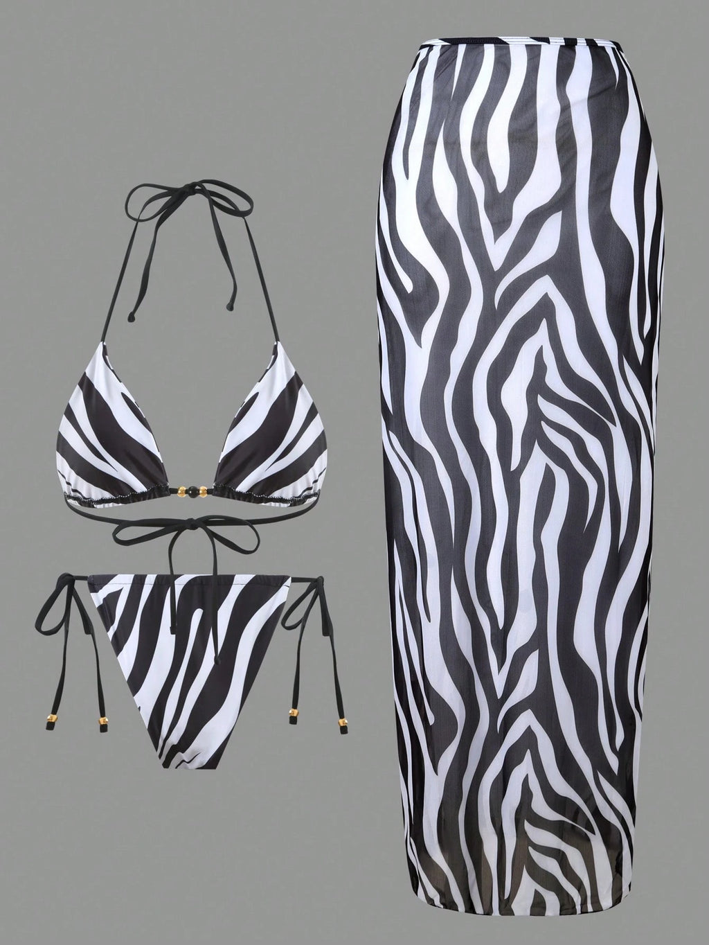 Sirith Women's Sexy Zebra Print Holiday Suit Beach Dress Bikini Three Pieces Swi