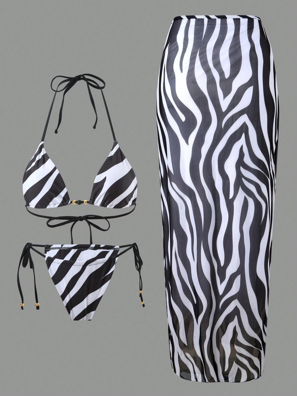 Sirith Women's Sexy Zebra Print Holiday Suit Beach Dress Bikini Three Pieces Swi