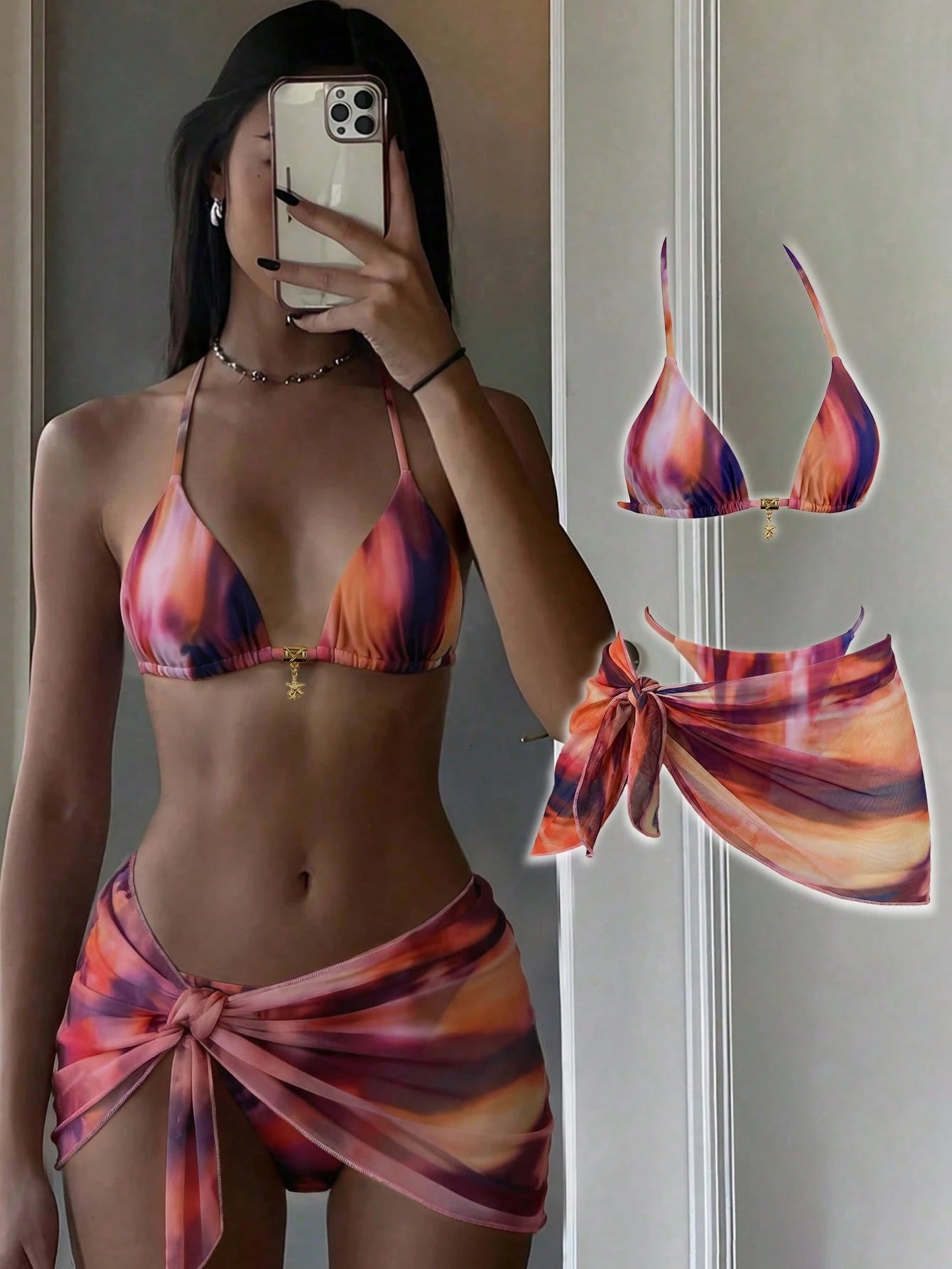 Costavie Women's Random Print Halter Metal Decor Mini Skirt 3-Piece