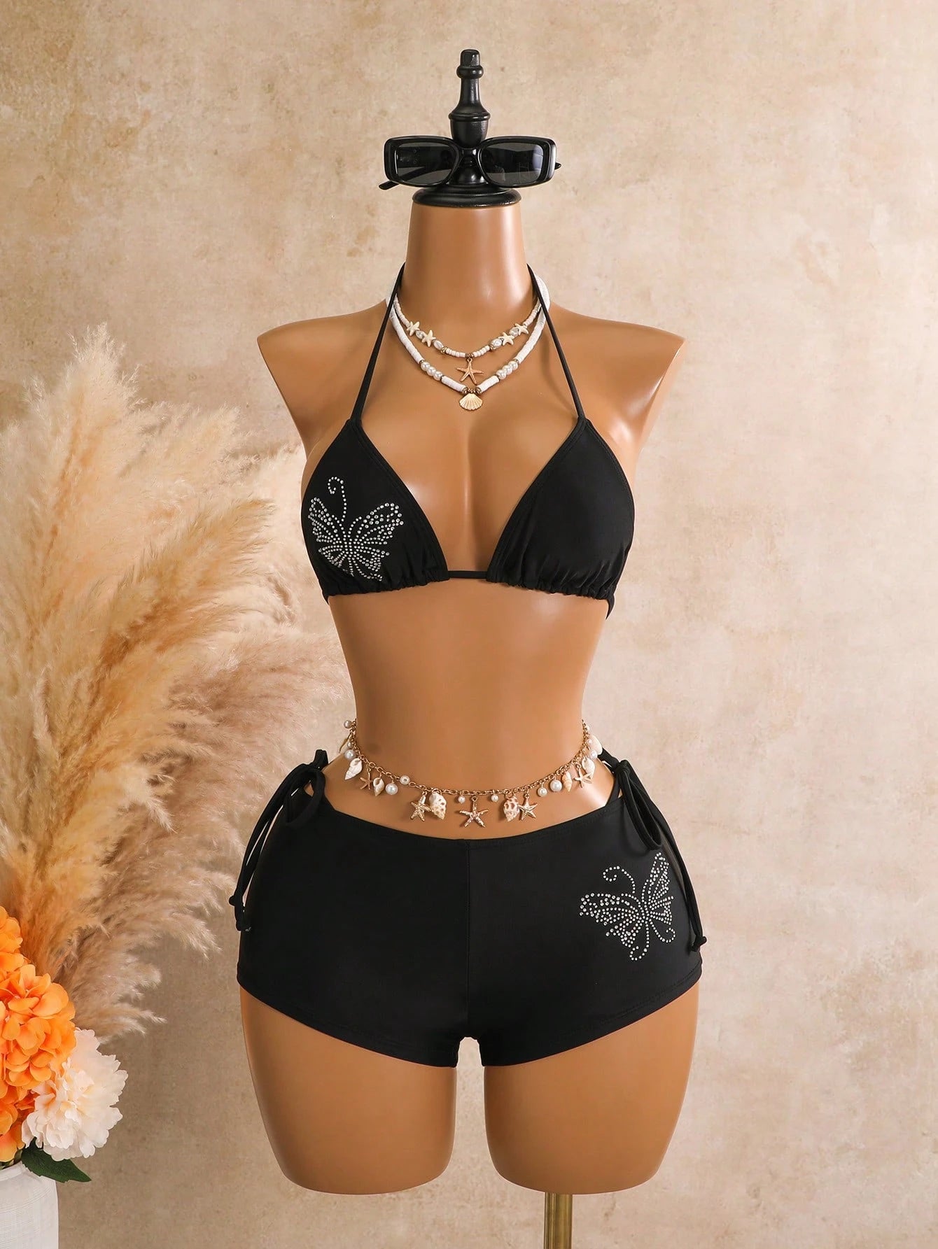 Swim Mod Women's Brown Polka Dot 3-Piece Bikini Set,Cute Bow Tie
