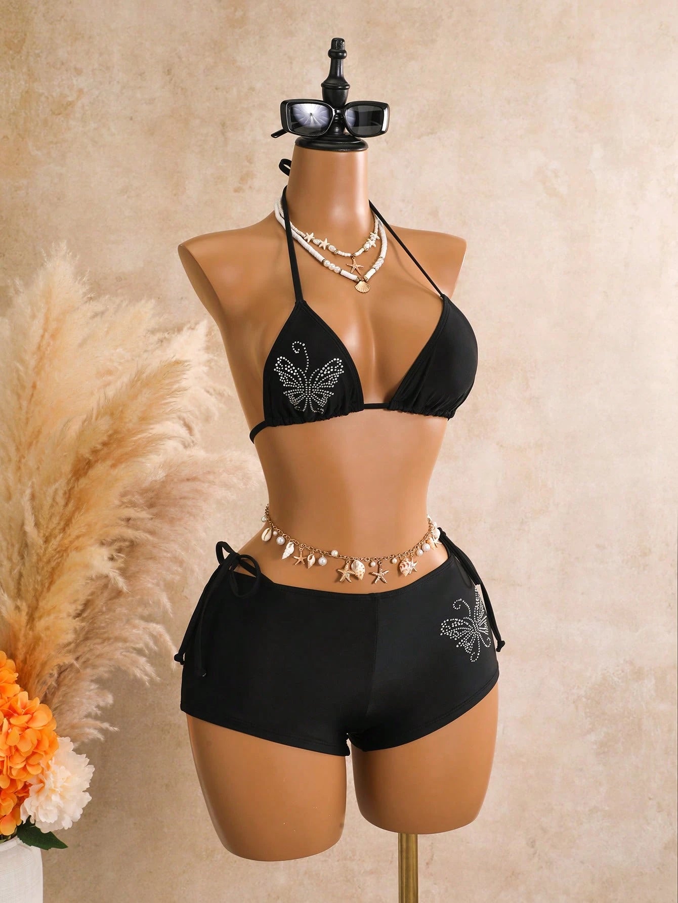 Swim Mod Women's Brown Polka Dot 3-Piece Bikini Set,Cute Bow Tie