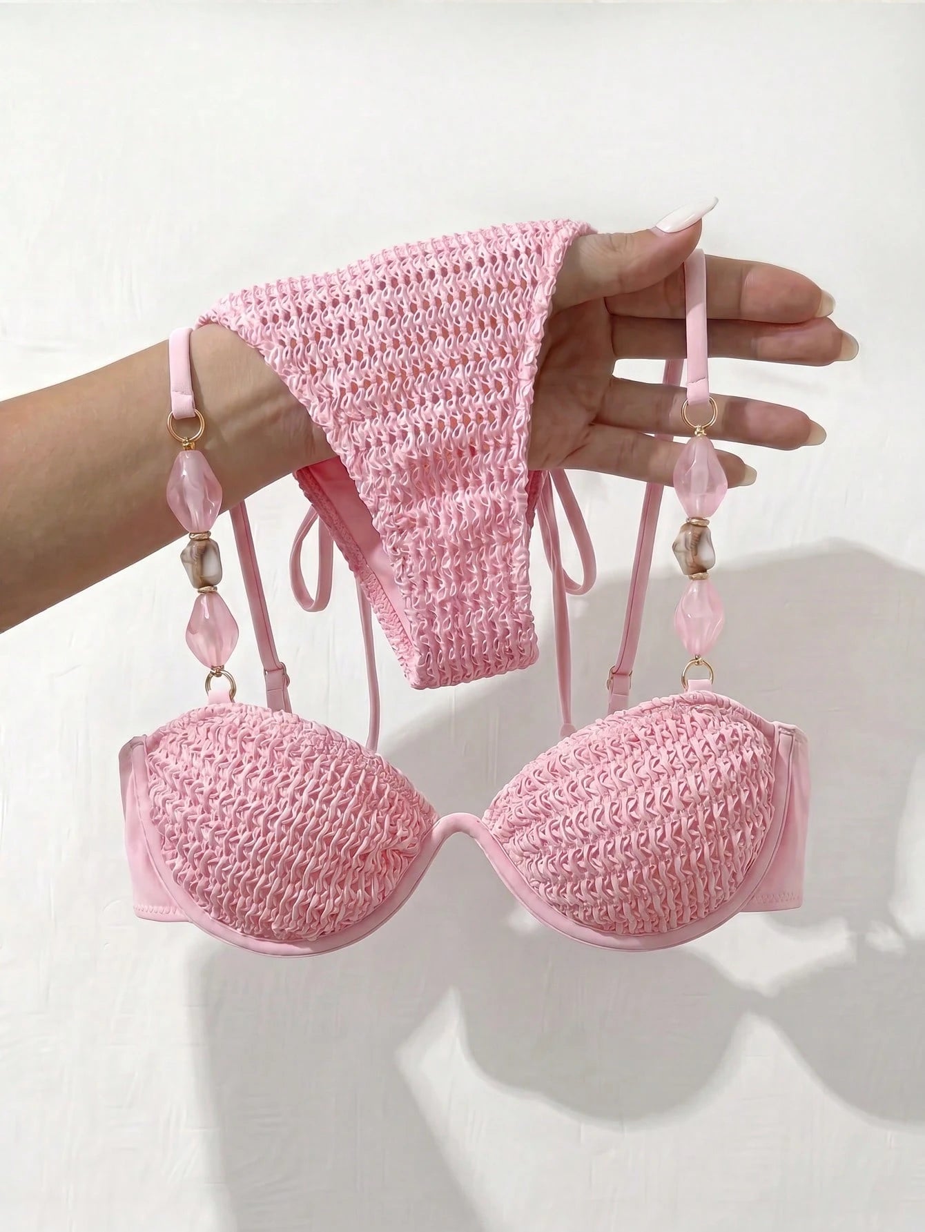 Bikinx Women's Colorblock Crochet Knit Fabric Bikini Set, Beaded