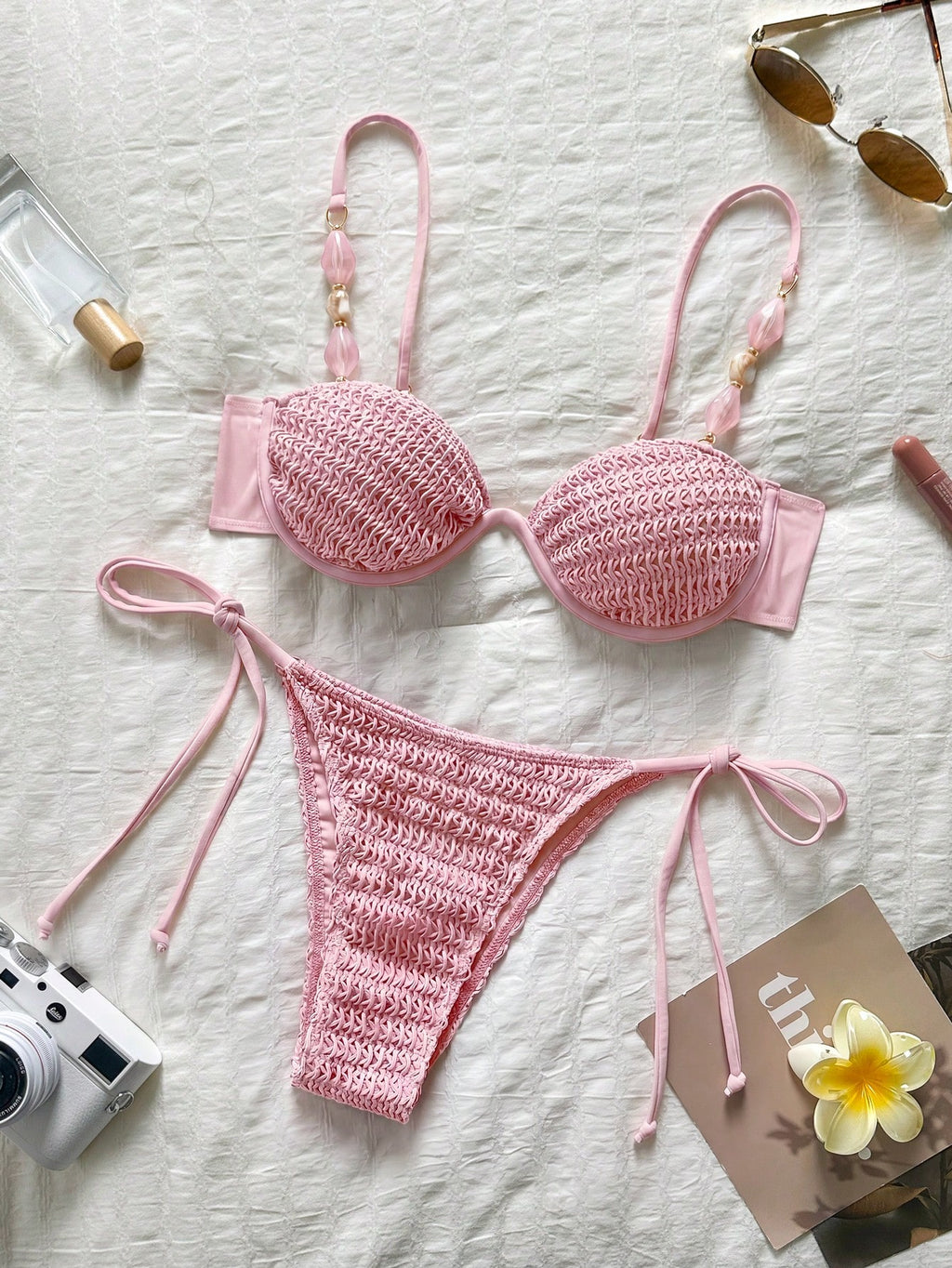 Bikinx Women's Colorblock Crochet Knit Fabric Bikini Set, Beaded