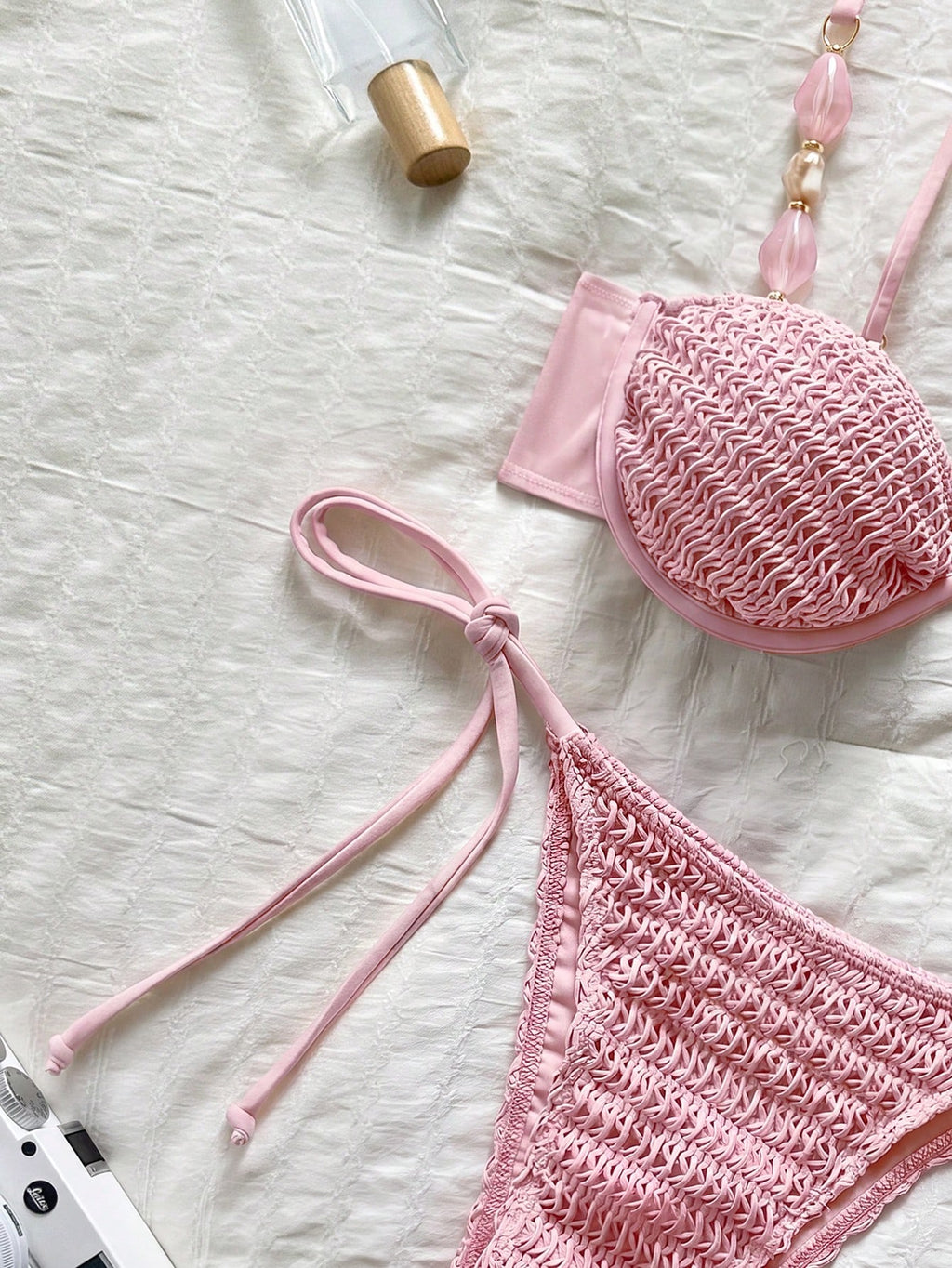 Bikinx Women's Colorblock Crochet Knit Fabric Bikini Set, Beaded