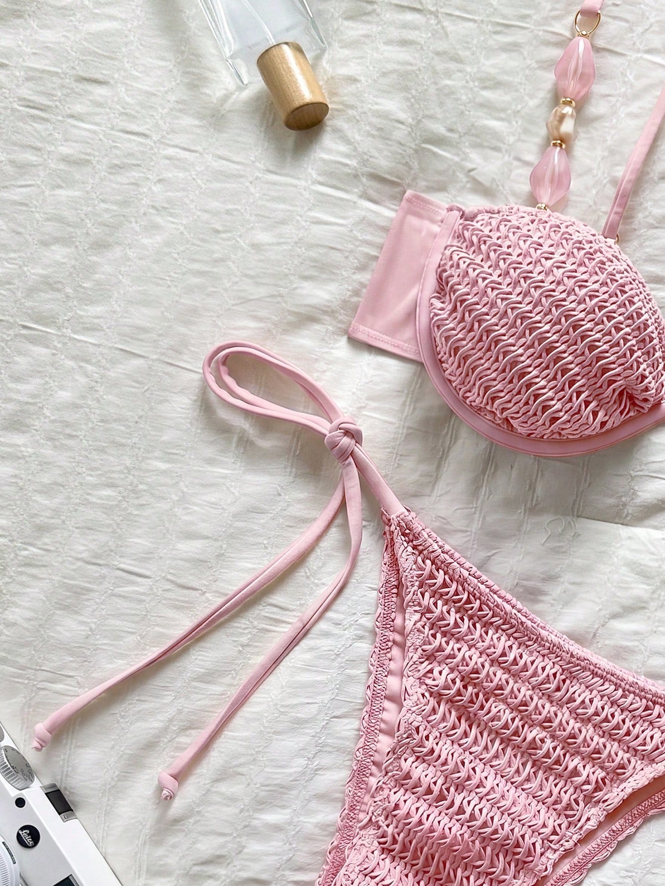 Bikinx Women's Colorblock Crochet Knit Fabric Bikini Set, Beaded