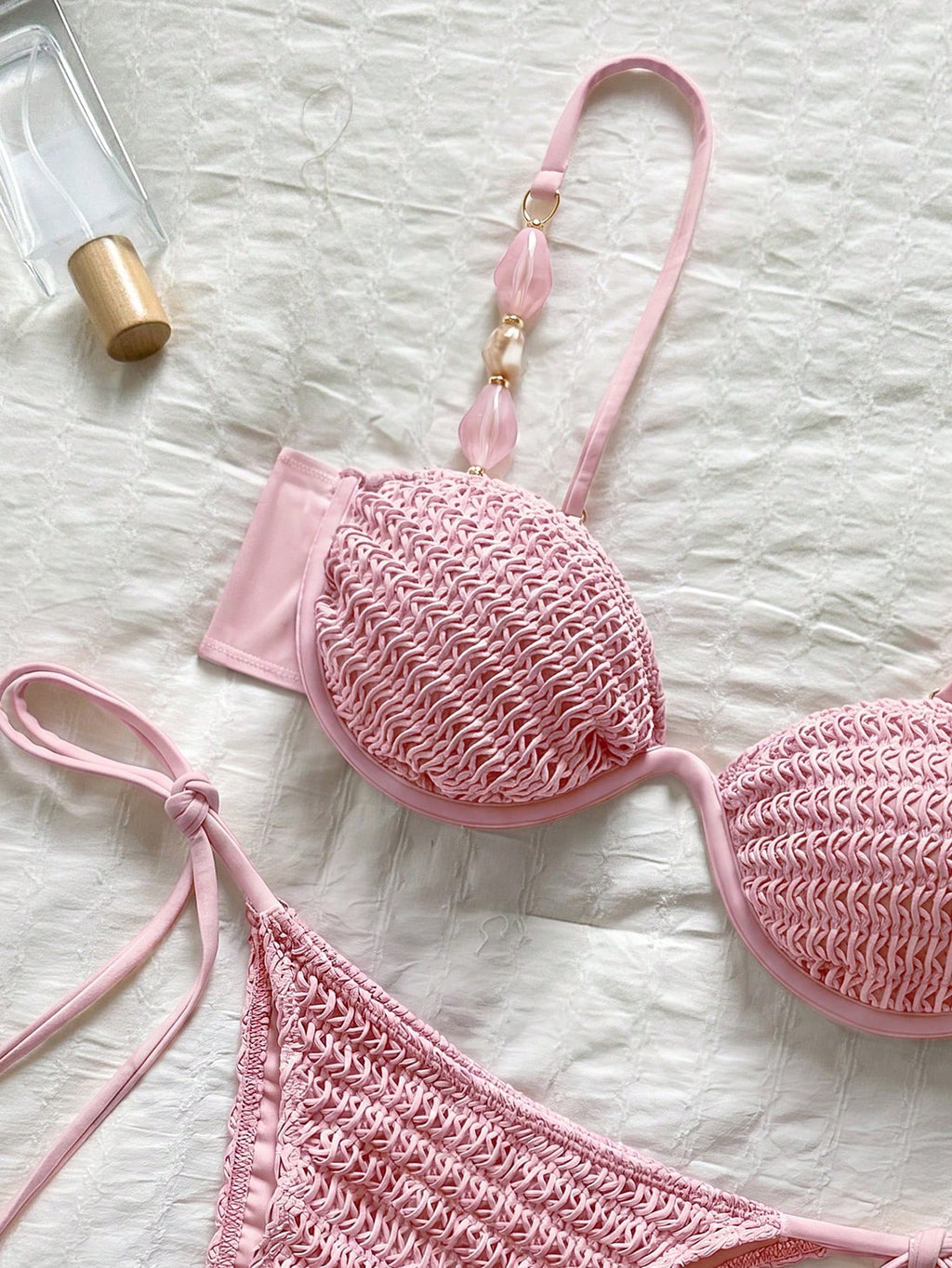 Bikinx Women's Colorblock Crochet Knit Fabric Bikini Set, Beaded