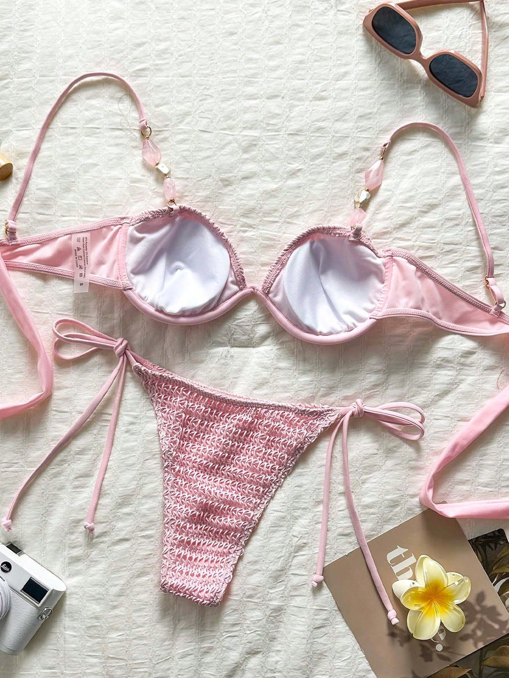 Bikinx Women's Colorblock Crochet Knit Fabric Bikini Set, Beaded