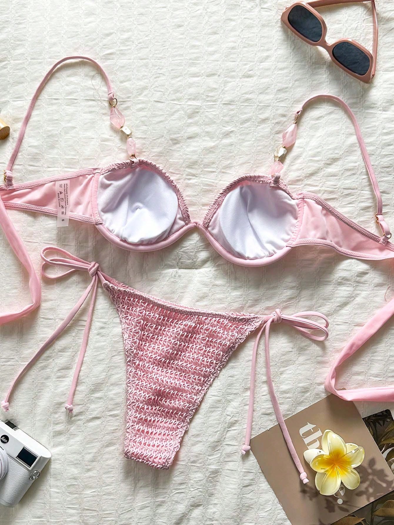 Bikinx Women's Colorblock Crochet Knit Fabric Bikini Set, Beaded