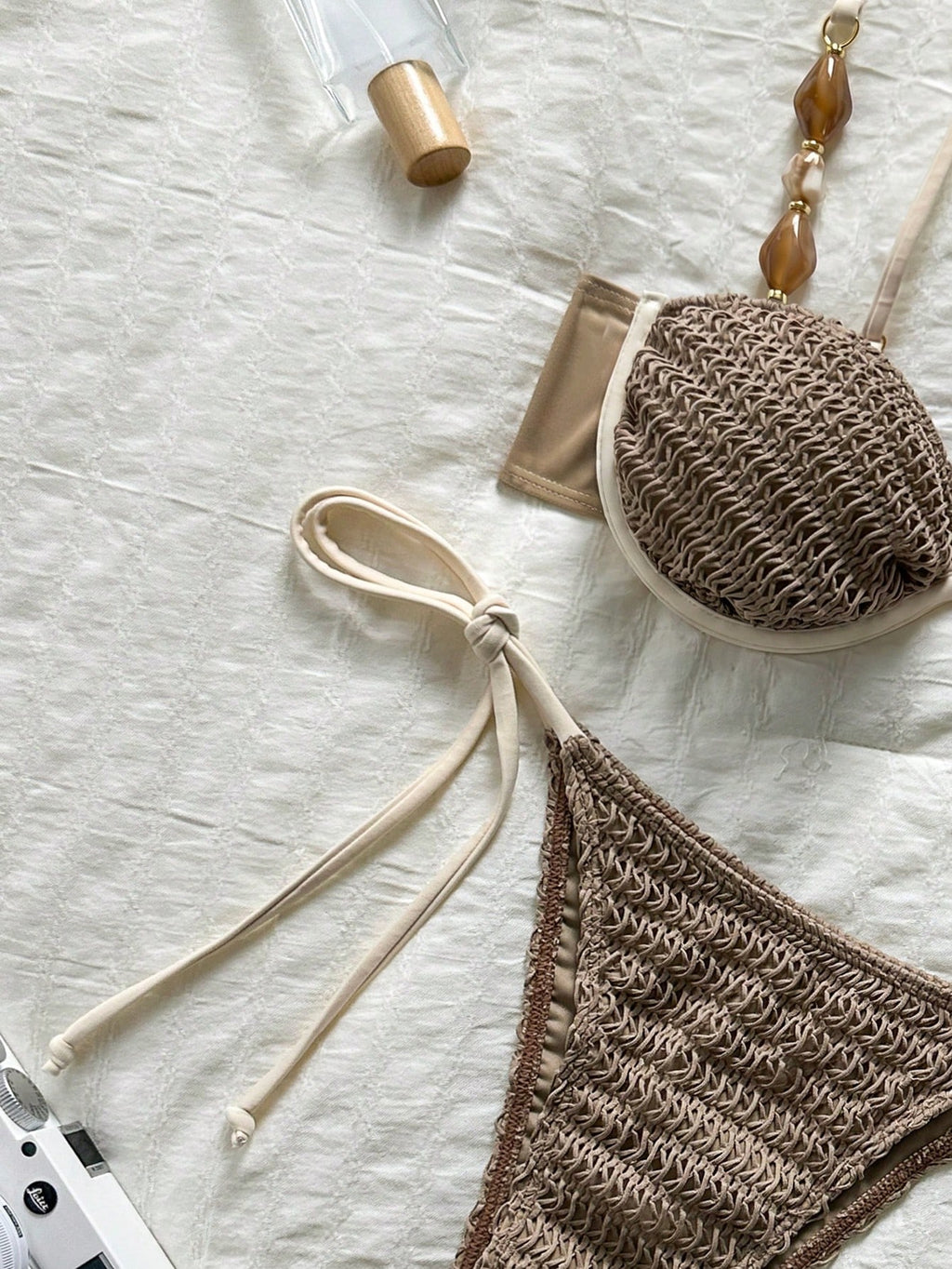 Bikinx Women's Colorblock Crochet Knit Fabric Bikini Set, Beaded