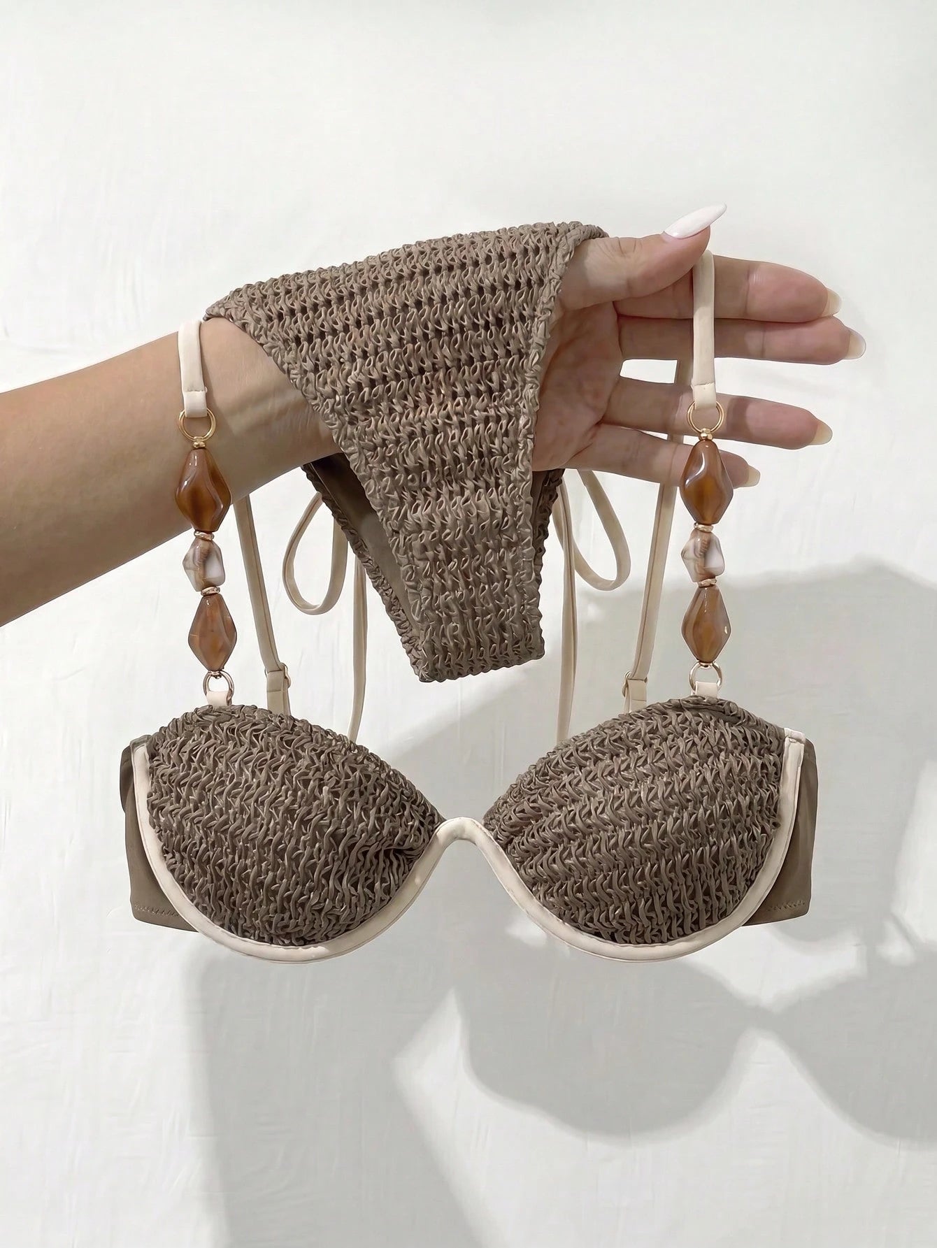 Bikinx Women's Colorblock Crochet Knit Fabric Bikini Set, Beaded