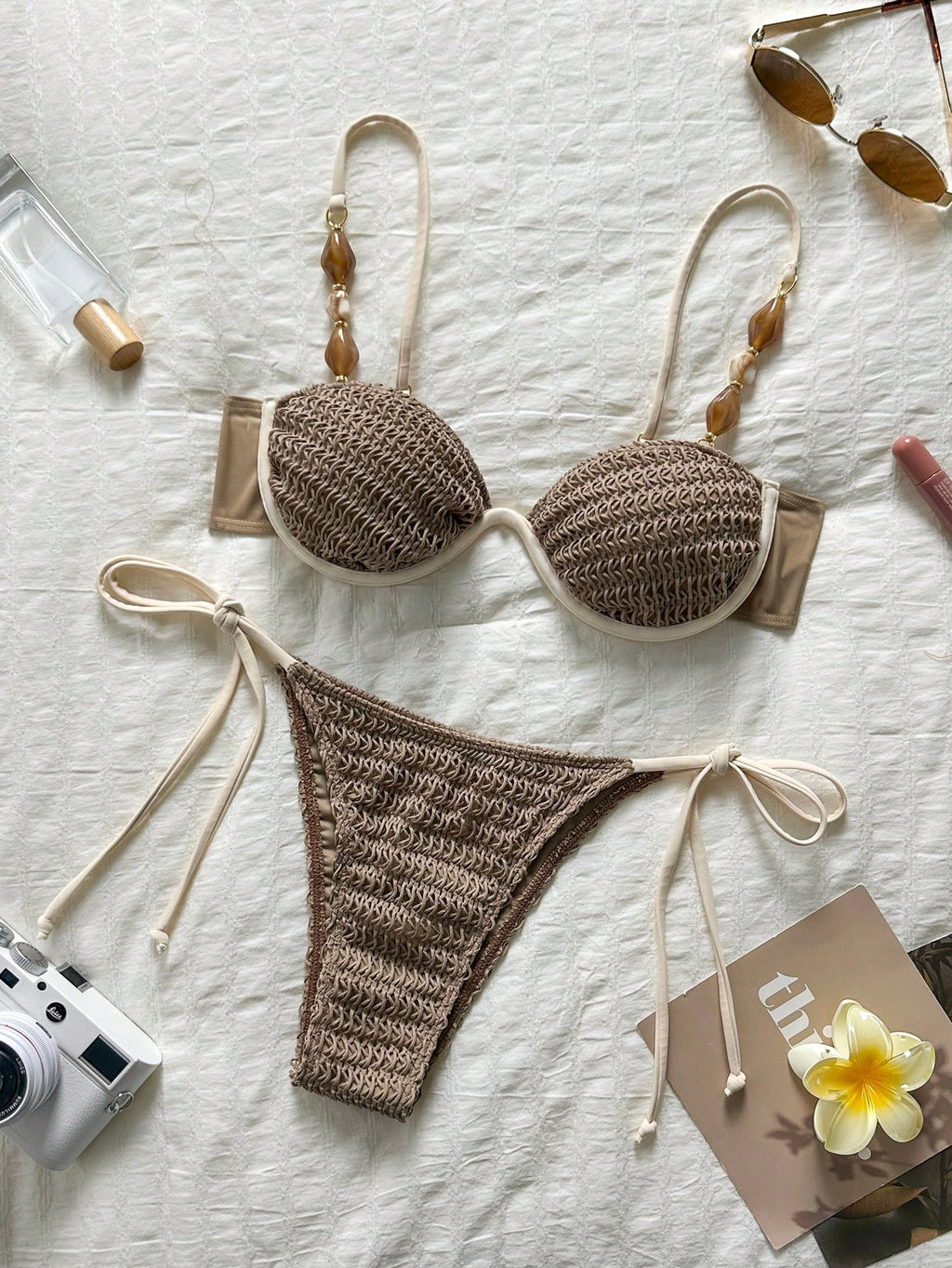 Bikinx Women's Colorblock Crochet Knit Fabric Bikini Set, Beaded