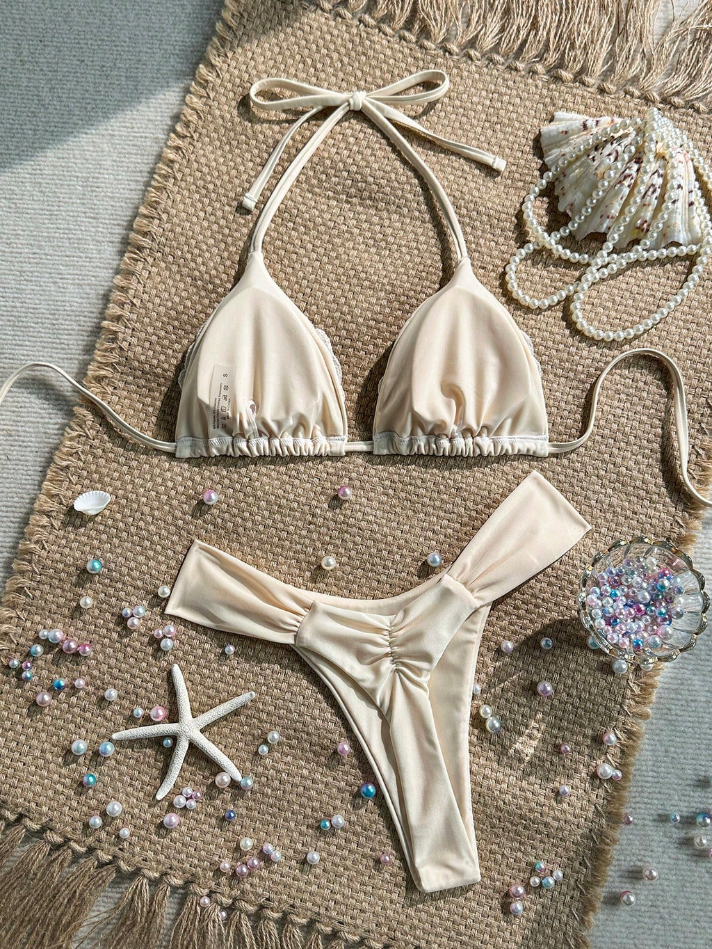 Swim Mod 2 Pieces Set,Cherry Print Halter Triangle Bikini Top And Red