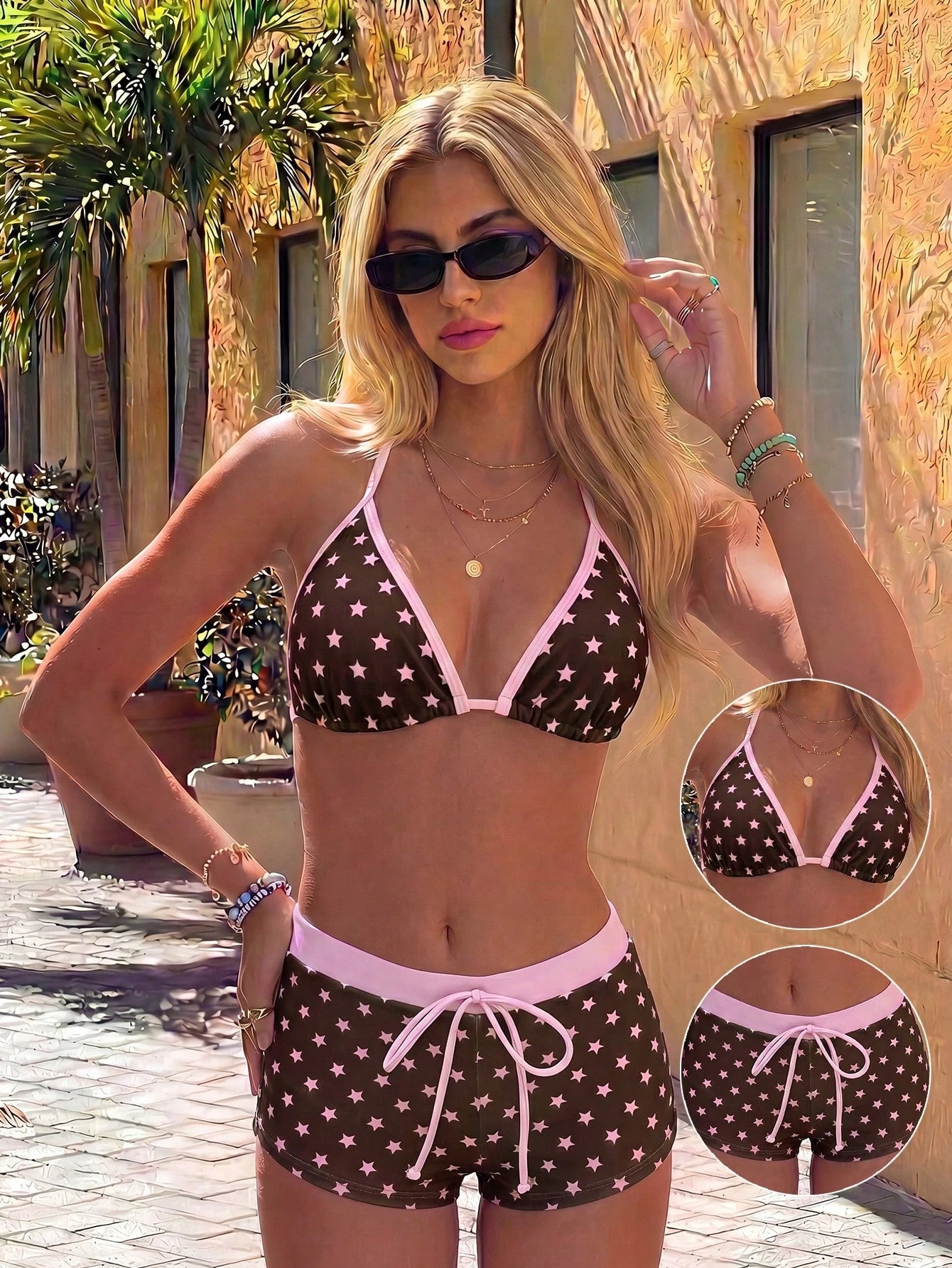 Swim Mod Women's Black Summer Cute Cherry Print Bikini,Halter-Neck