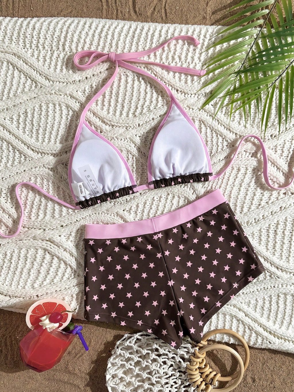 Swim Mod Women's Black Summer Cute Cherry Print Bikini,Halter-Neck