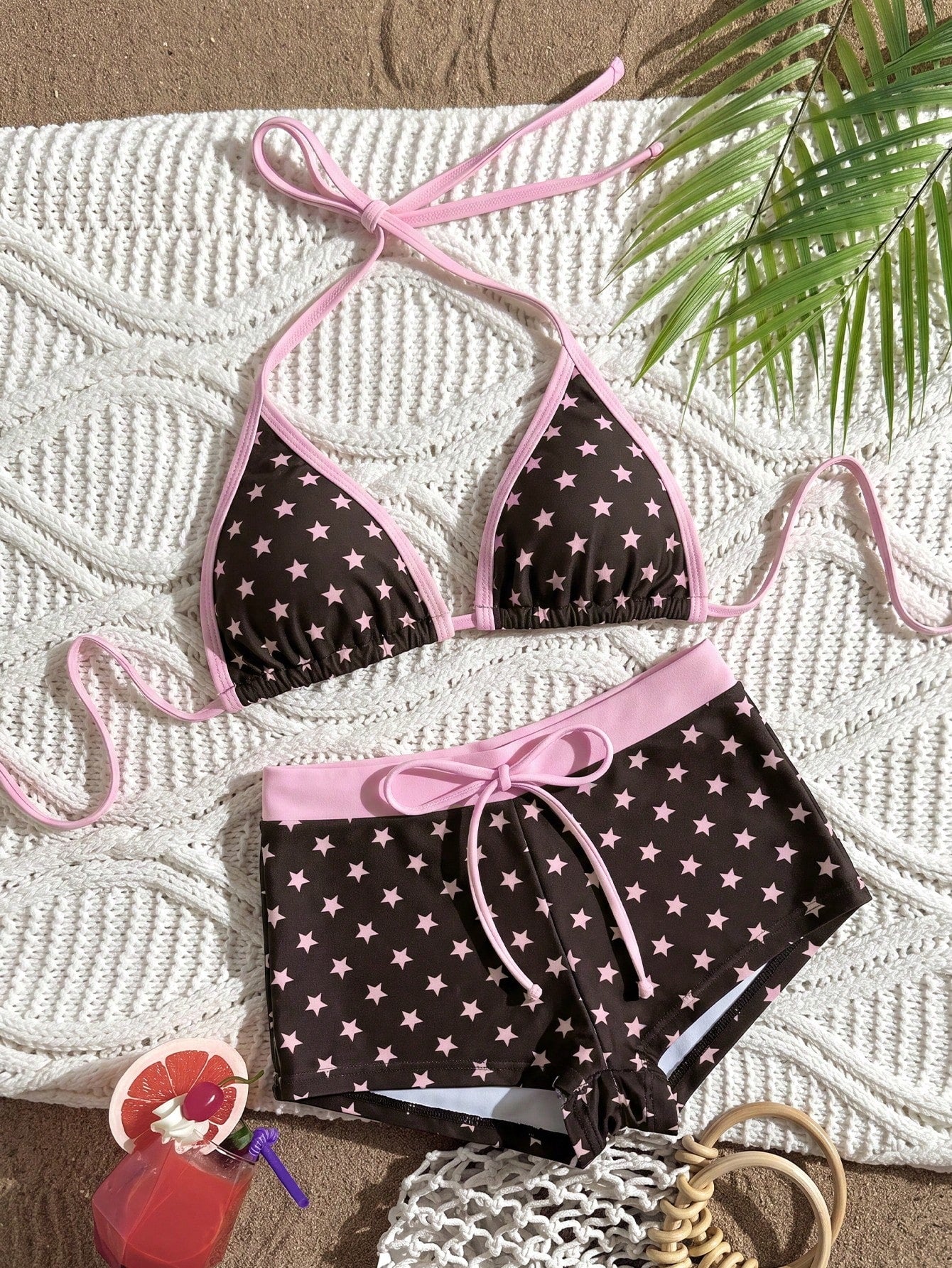 Swim Mod Women's Black Summer Cute Cherry Print Bikini,Halter-Neck