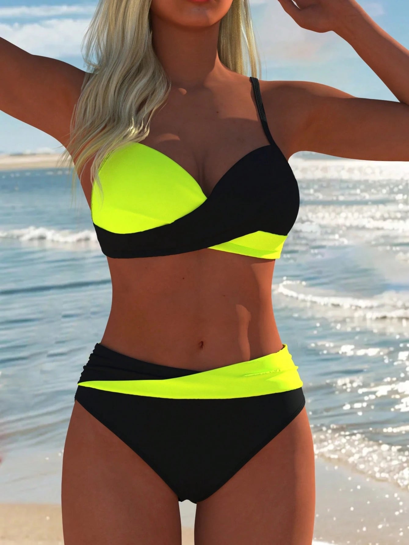 Women's Sexy Casual Black & White Color Block Spaghetti Strap Bikini Set, Beach Summer Vacation New Holiday - image 13