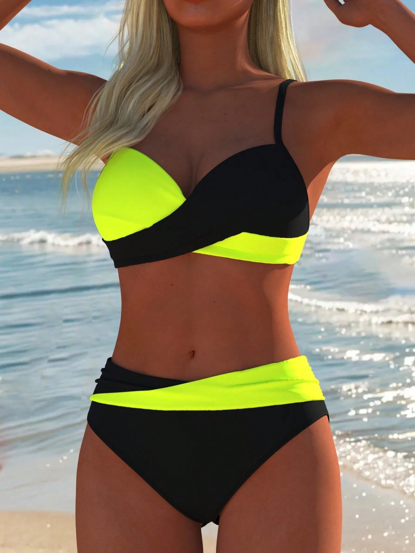 Women's Sexy Casual Black & White Color Block Spaghetti Strap Bikini