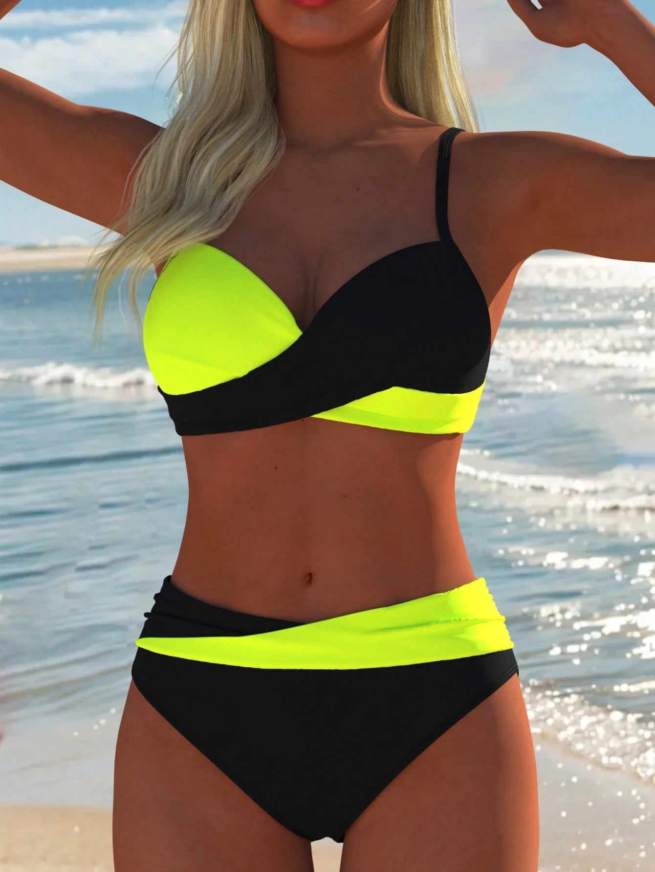 Women's Sexy Casual Black & White Color Block Spaghetti Strap Bikini Set, Beach Summer Vacation New Holiday - image 15