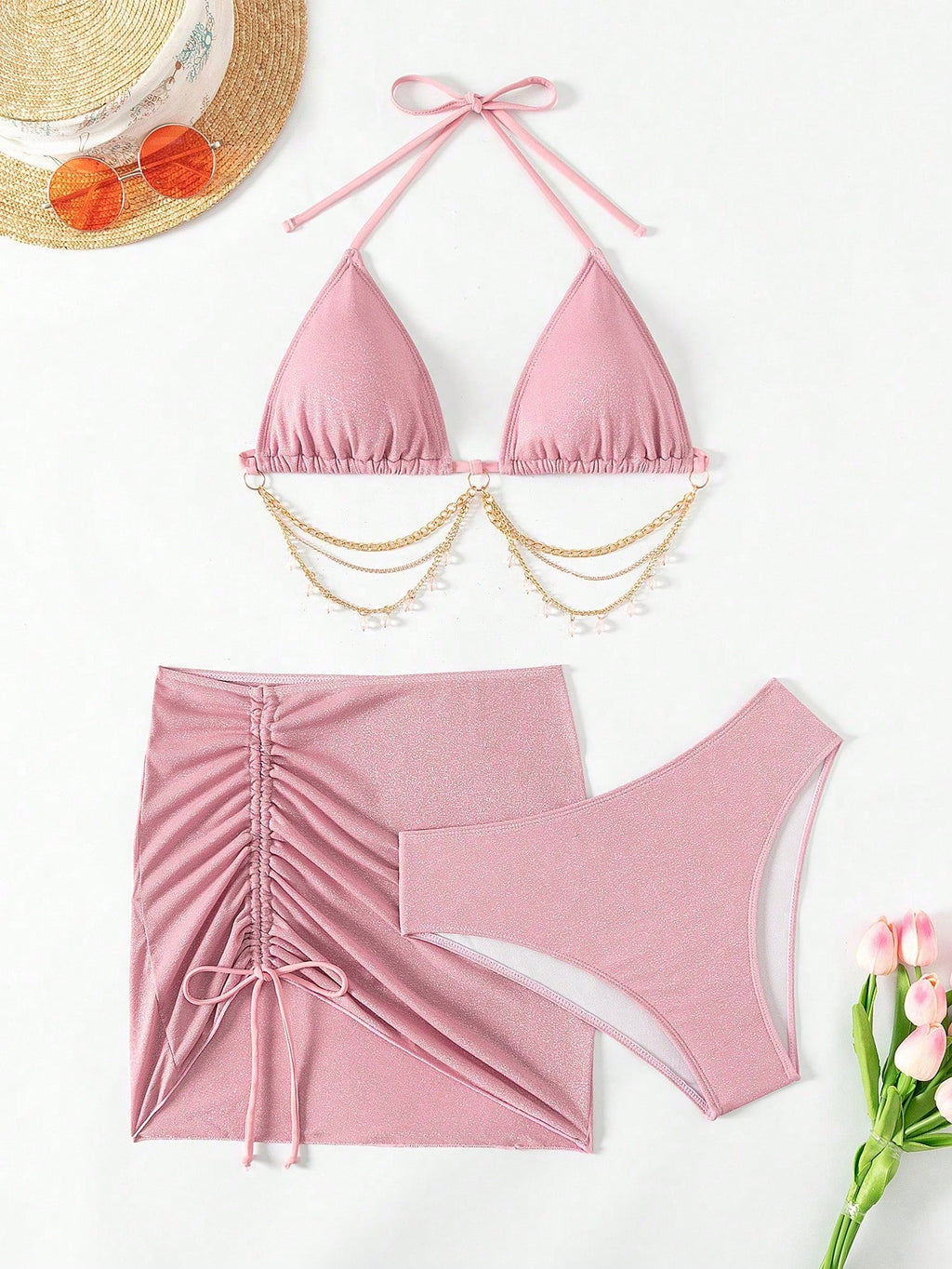 Swim SXY 3pcs/Set Women's Shiny Chain Decor Bikini Set, Summer Beach