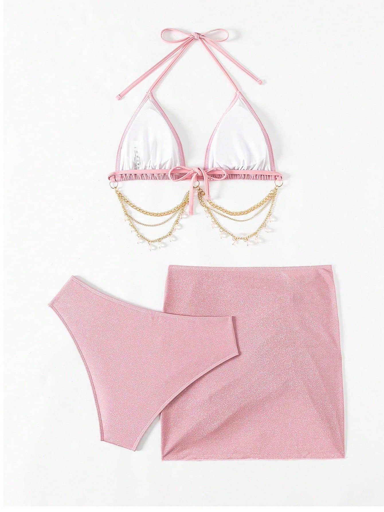 Swim SXY 3pcs/Set Women's Shiny Chain Decor Bikini Set, Summer Beach