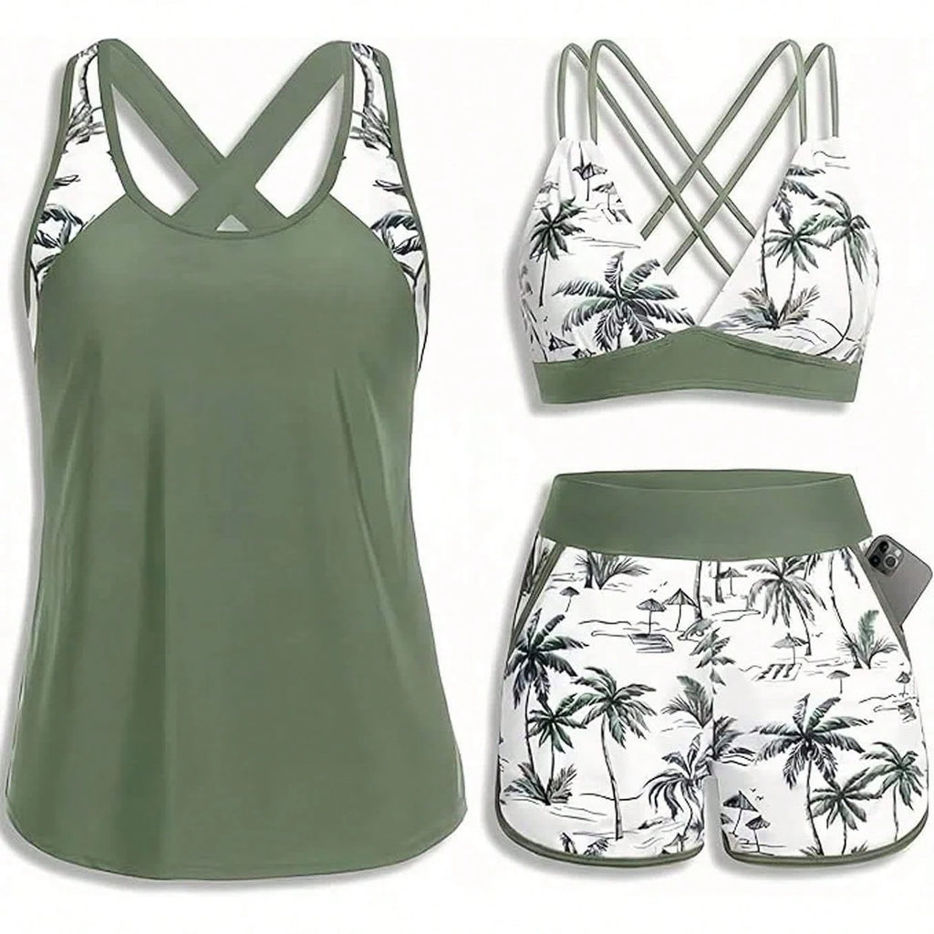 Women's Three-Piece Split Swimsuit With Pockets,-Back Design, Bikini