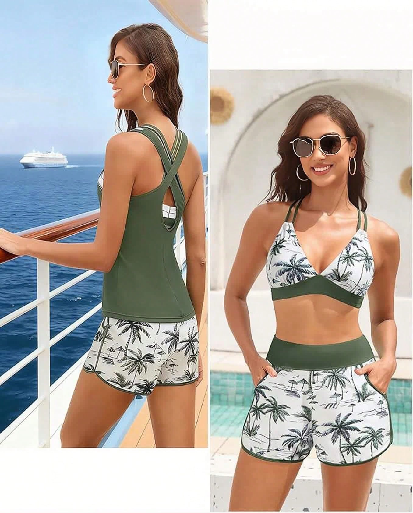Women's Three-Piece Split Swimsuit With Pockets,-Back Design, Bikini