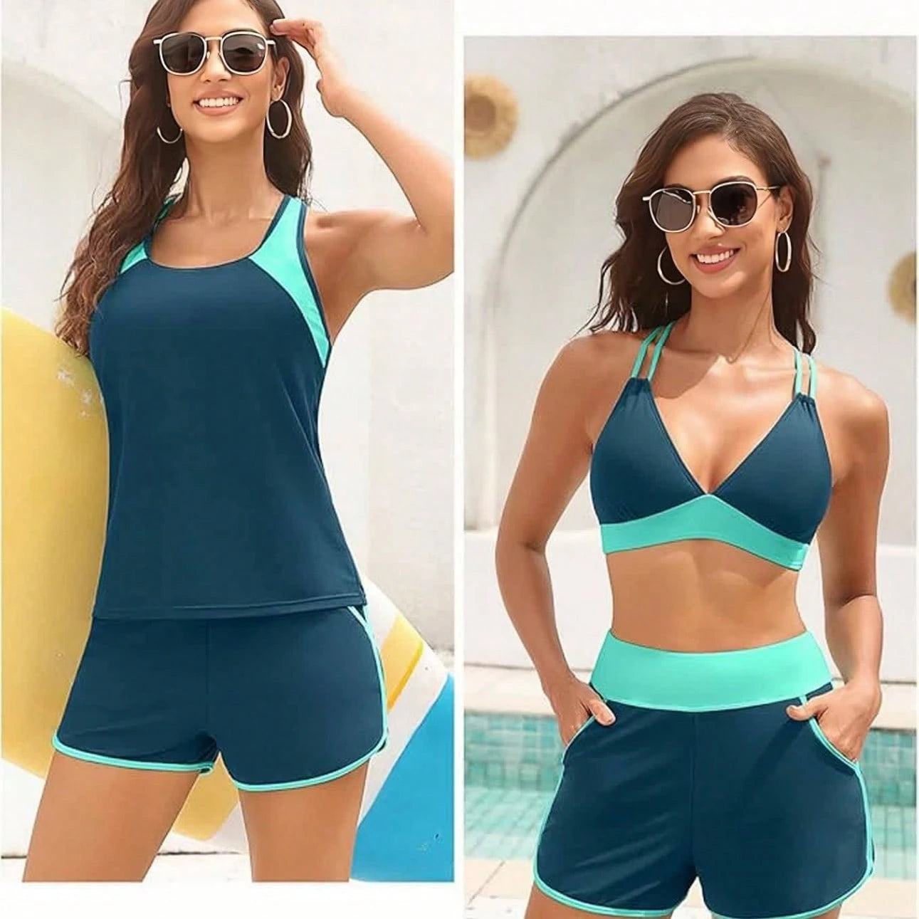 Women's Three-Piece Split Swimsuit With Pockets,-Back Design, Bikini