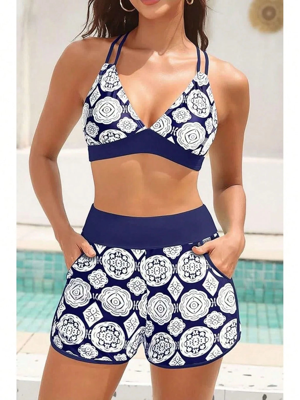 Women's Three-Piece Split Swimsuit With Pockets,-Back Design, Bikini