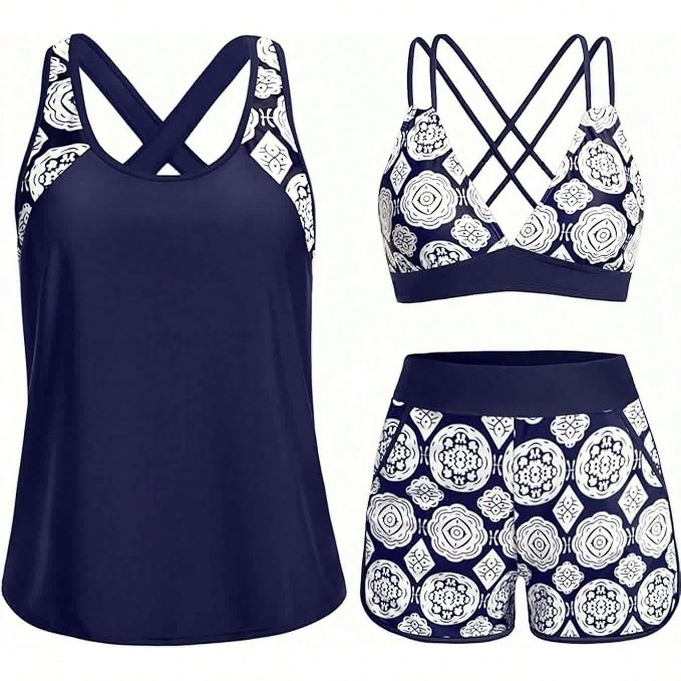 Women's Three-Piece Split Swimsuit With Pockets,-Back Design, Bikini
