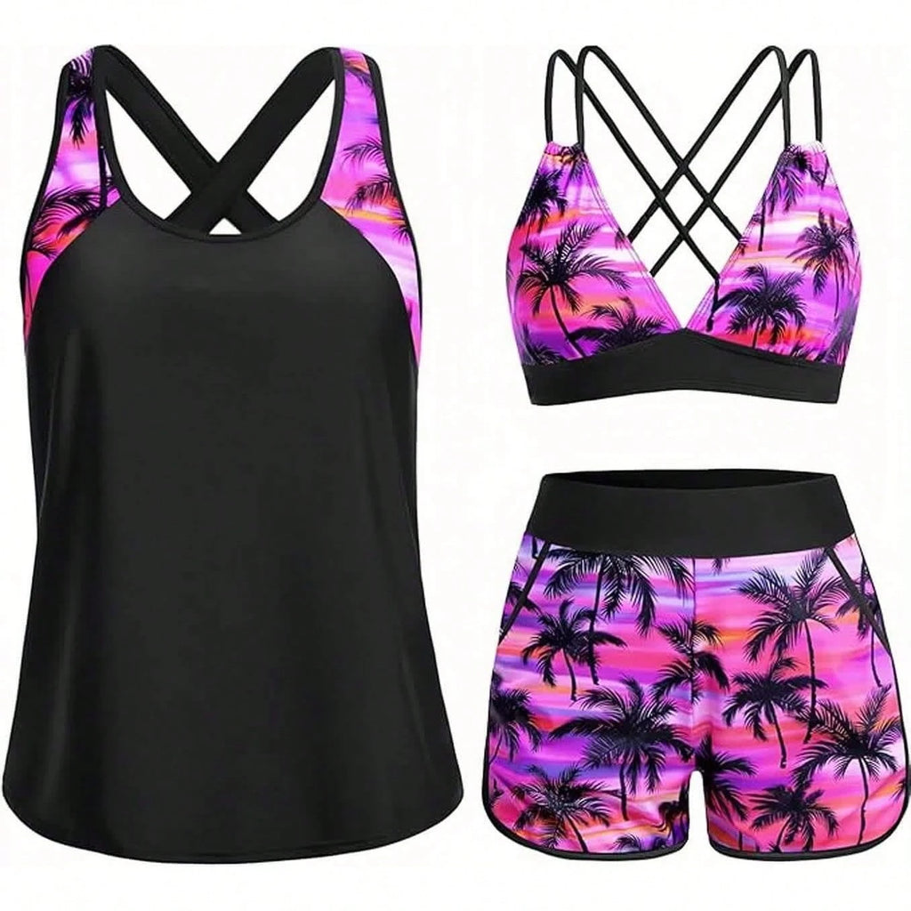 Women's Three-Piece Split Swimsuit With Pockets,-Back Design, Bikini