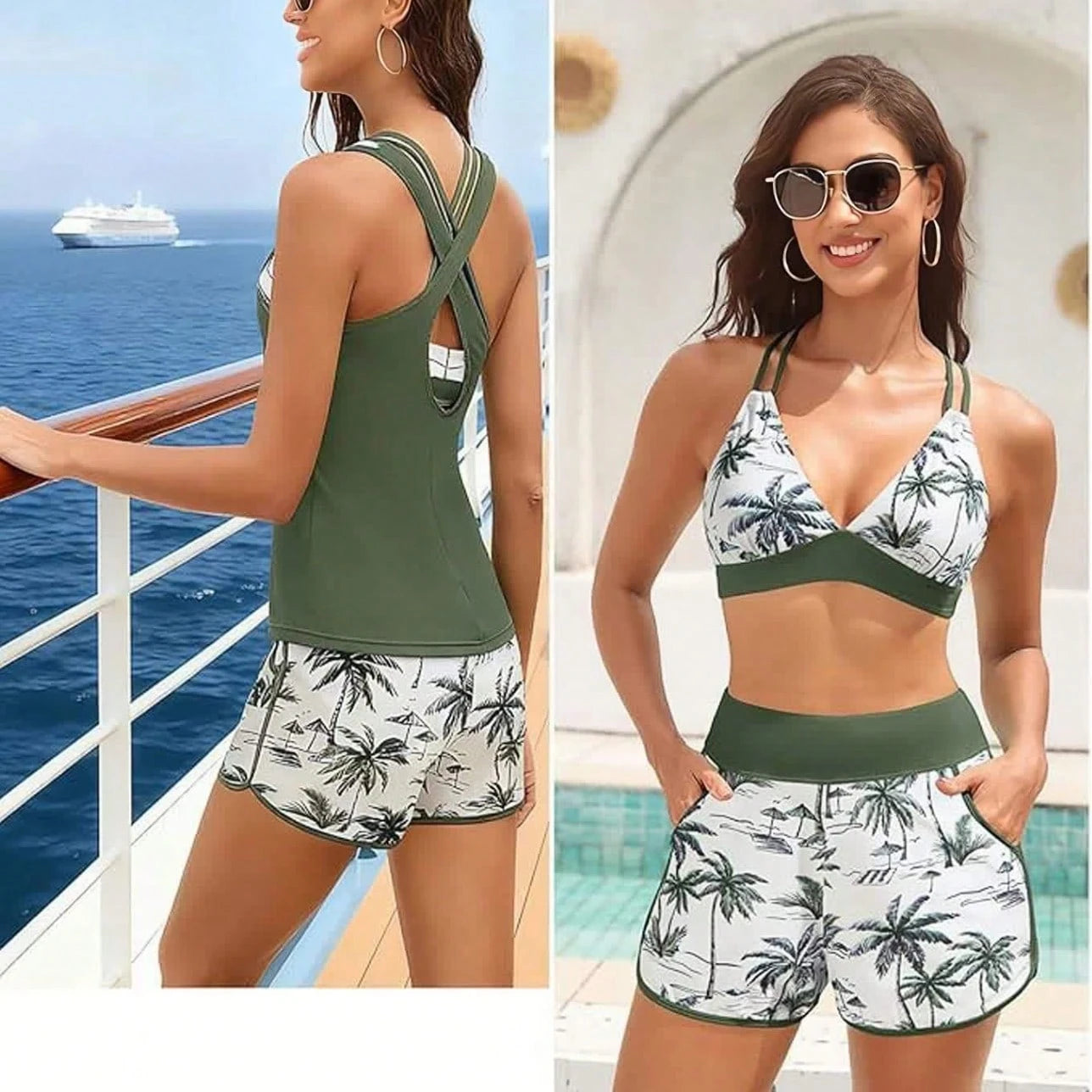 Women's Three-Piece Split Swimsuit With Pockets,-Back Design, Bikini