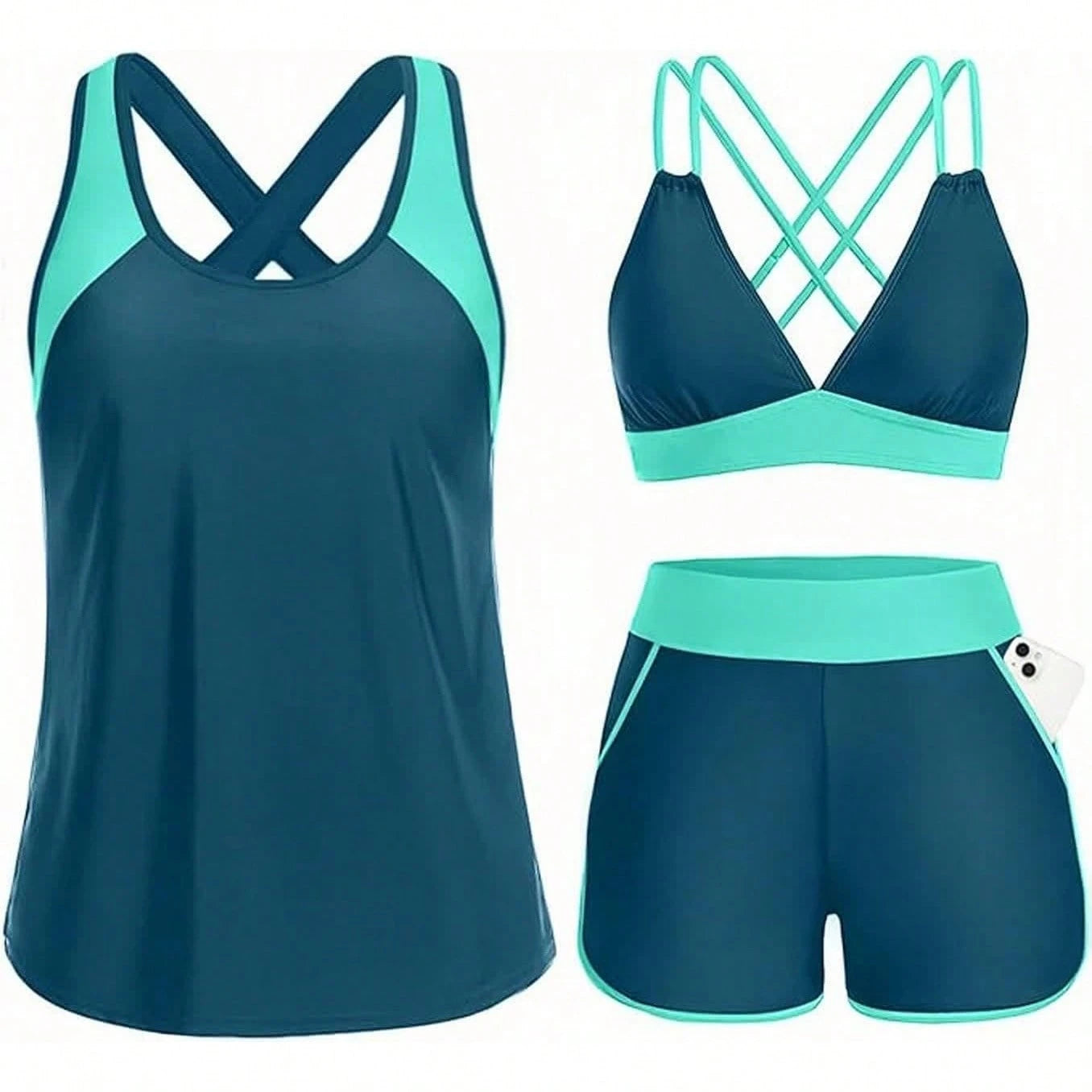 Women's Three-Piece Split Swimsuit With Pockets,-Back Design, Bikini