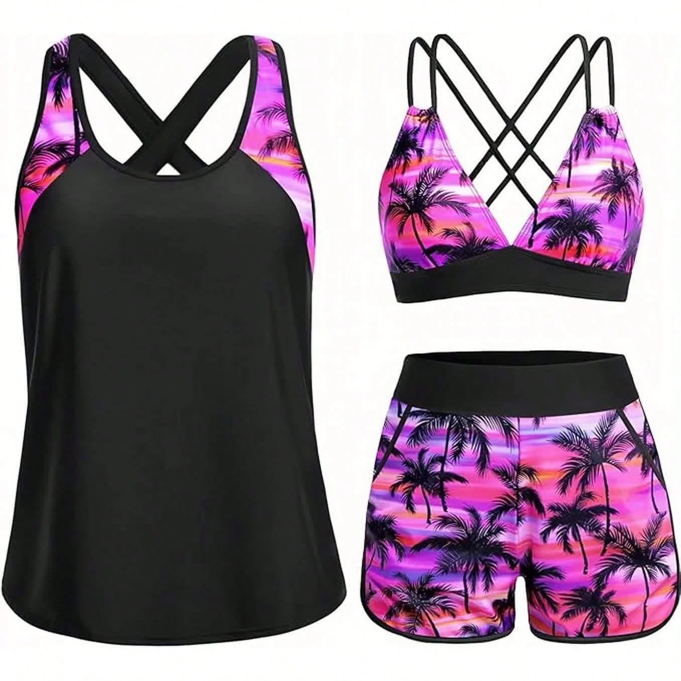 Women's Three-Piece Split Swimsuit With Pockets,-Back Design, Bikini