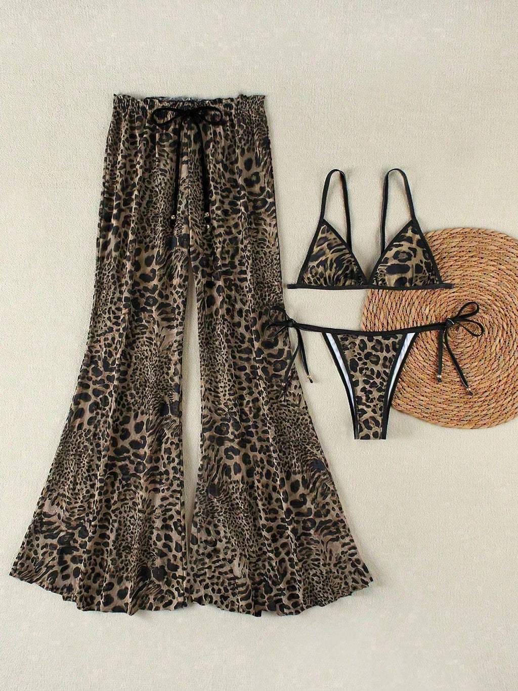 Women's New Sexy Zebra Print Bikini Set With Coverup And Flare Pants,