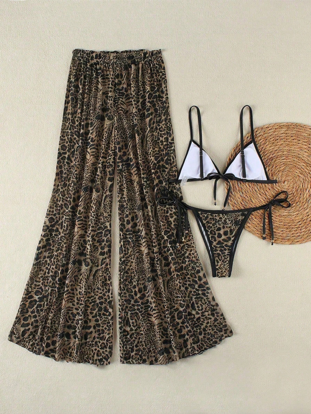 Women's New Sexy Zebra Print Bikini Set With Coverup And Flare Pants,