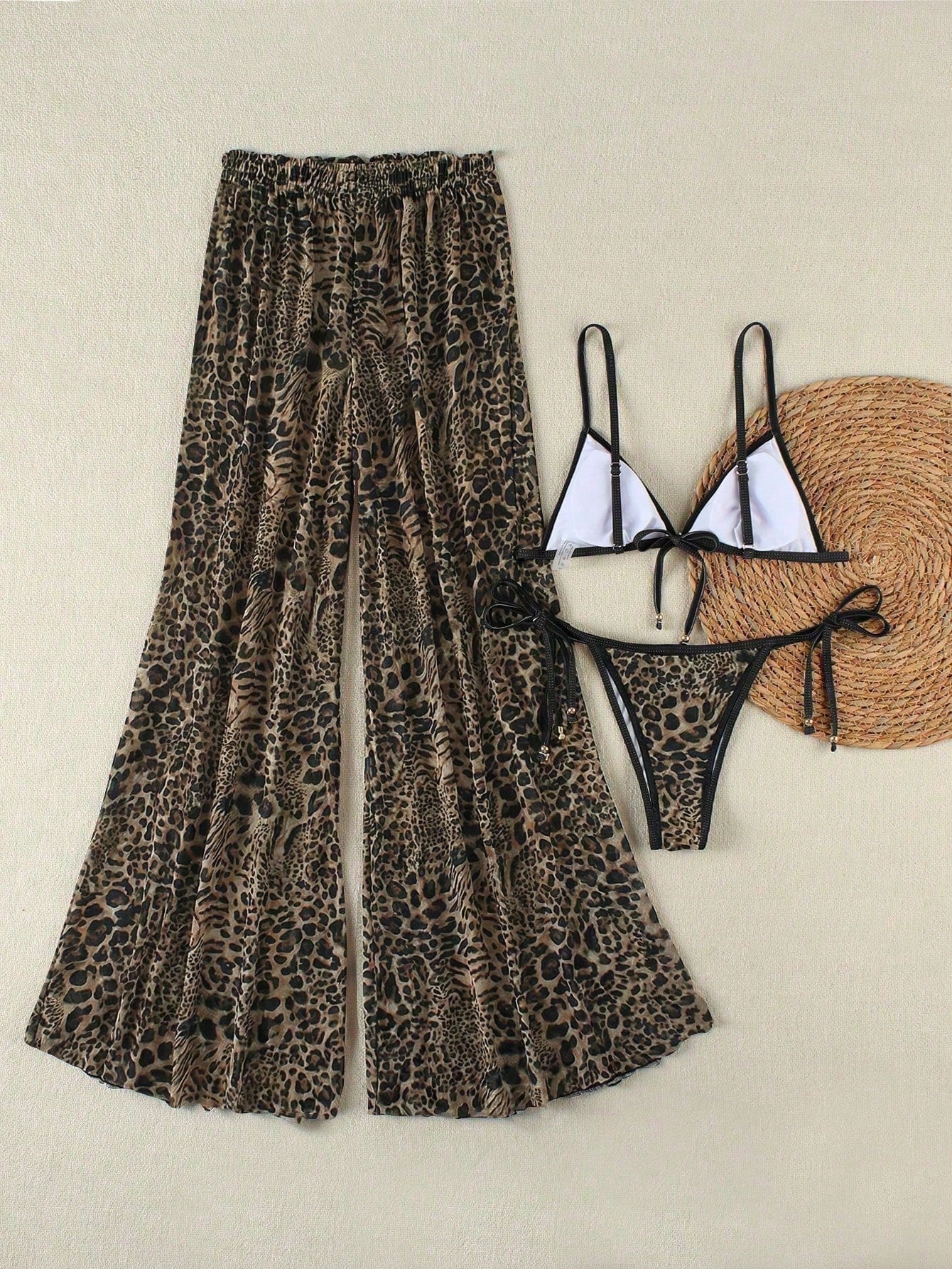 Women's New Sexy Zebra Print Bikini Set With Coverup And Flare Pants,