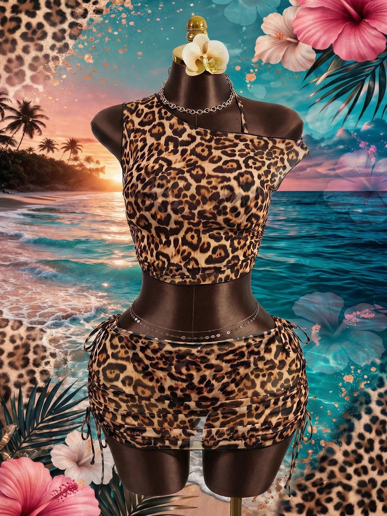 Zestiva Women's Sexy Leopard Print Backless Tie Strap Bikini 4-Piece