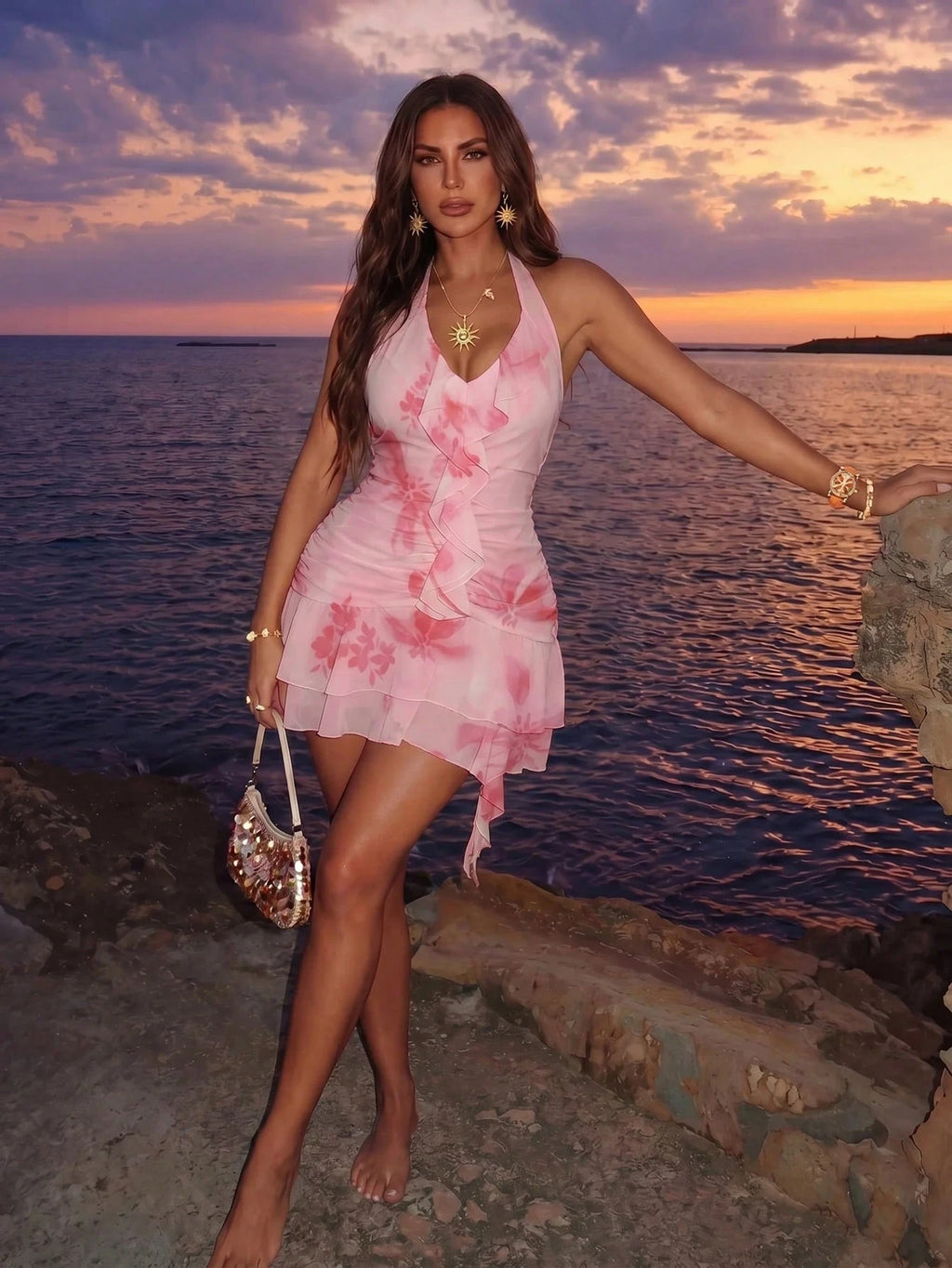 Allurite Women's Elegant Breezy Sexy Short Dress, V-Neck For Summer Beach Vacation Vacation Pink Floral - image 5