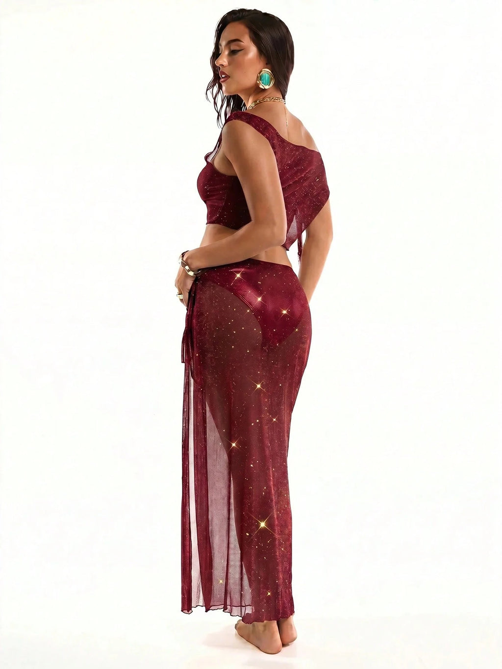 Bonvoyette Women's Asymmetric Neck Sheer Top And Knotted Hem Skirt Set - image 12