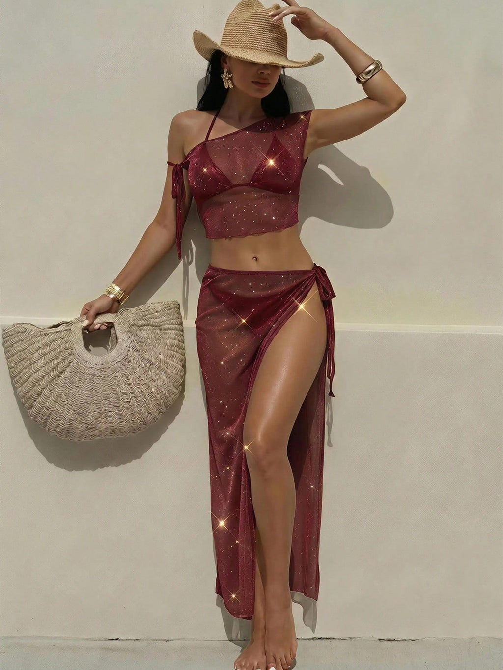 Bonvoyette Women's Asymmetric Neck Sheer Top And Knotted Hem Skirt Set - image 16